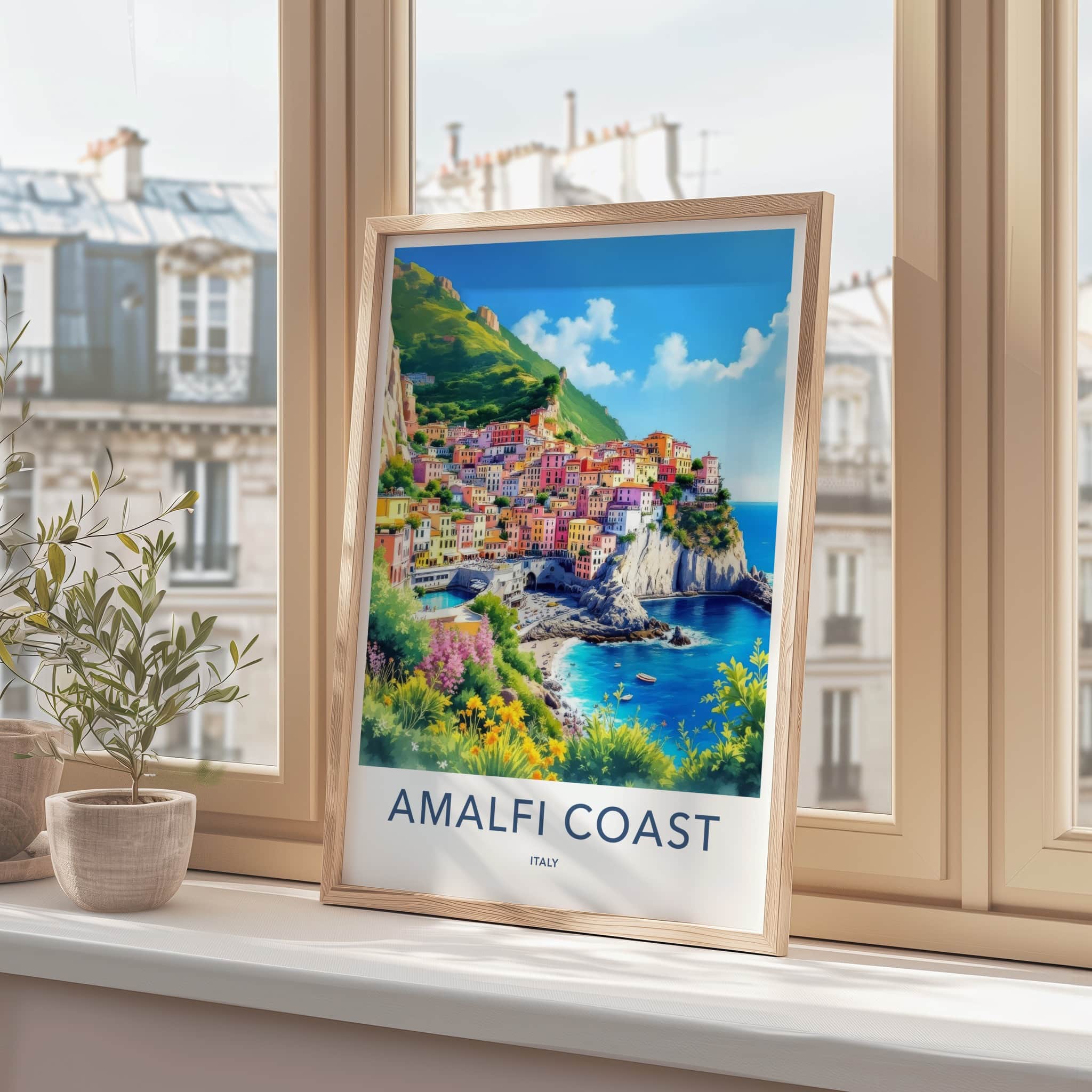 Amalfi Coast Poster - Italy Travel Print - Cliffside Village Sea Home Decor