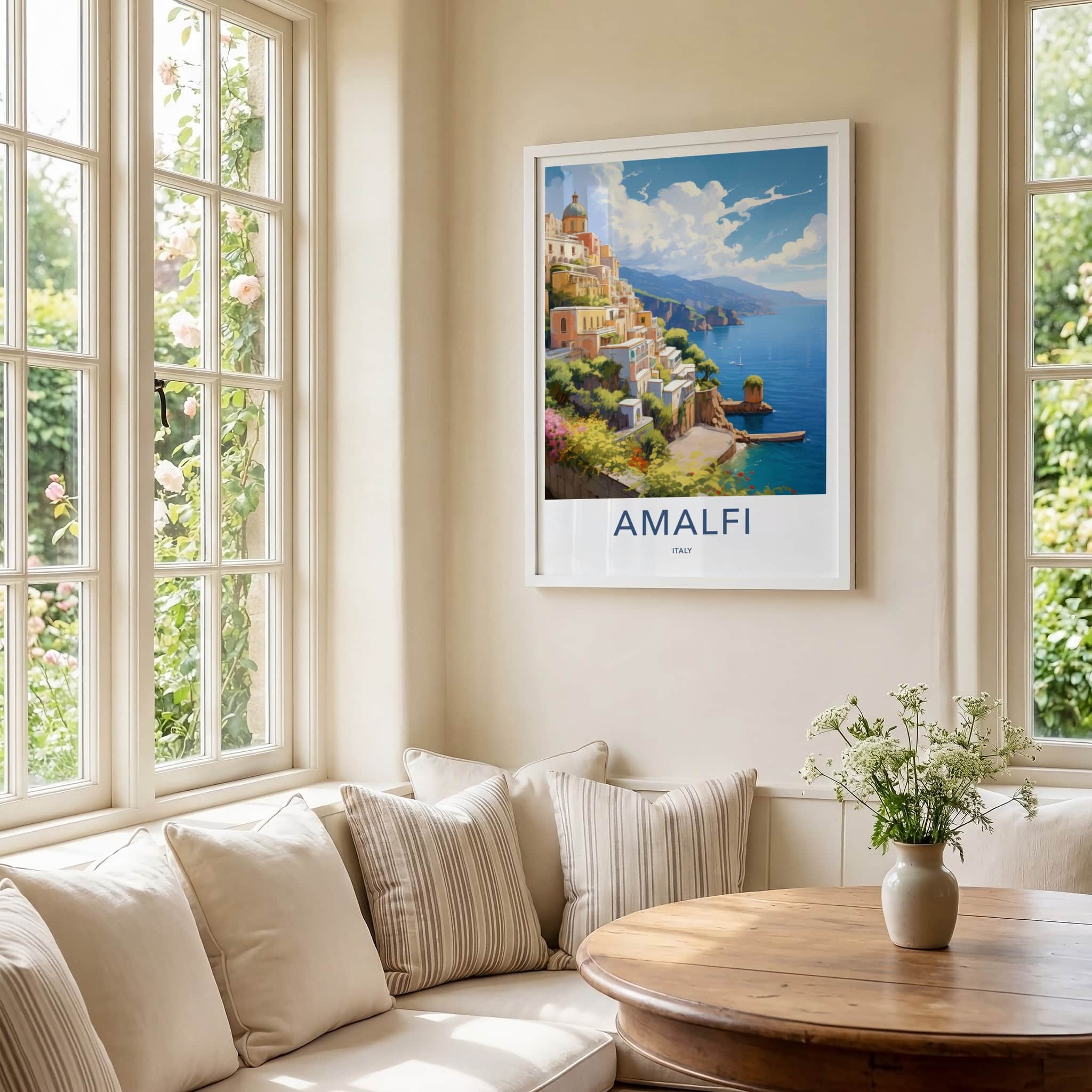 Amalfi Poster - Italy Travel Art - Terraced Coastal Buildings Home Decor