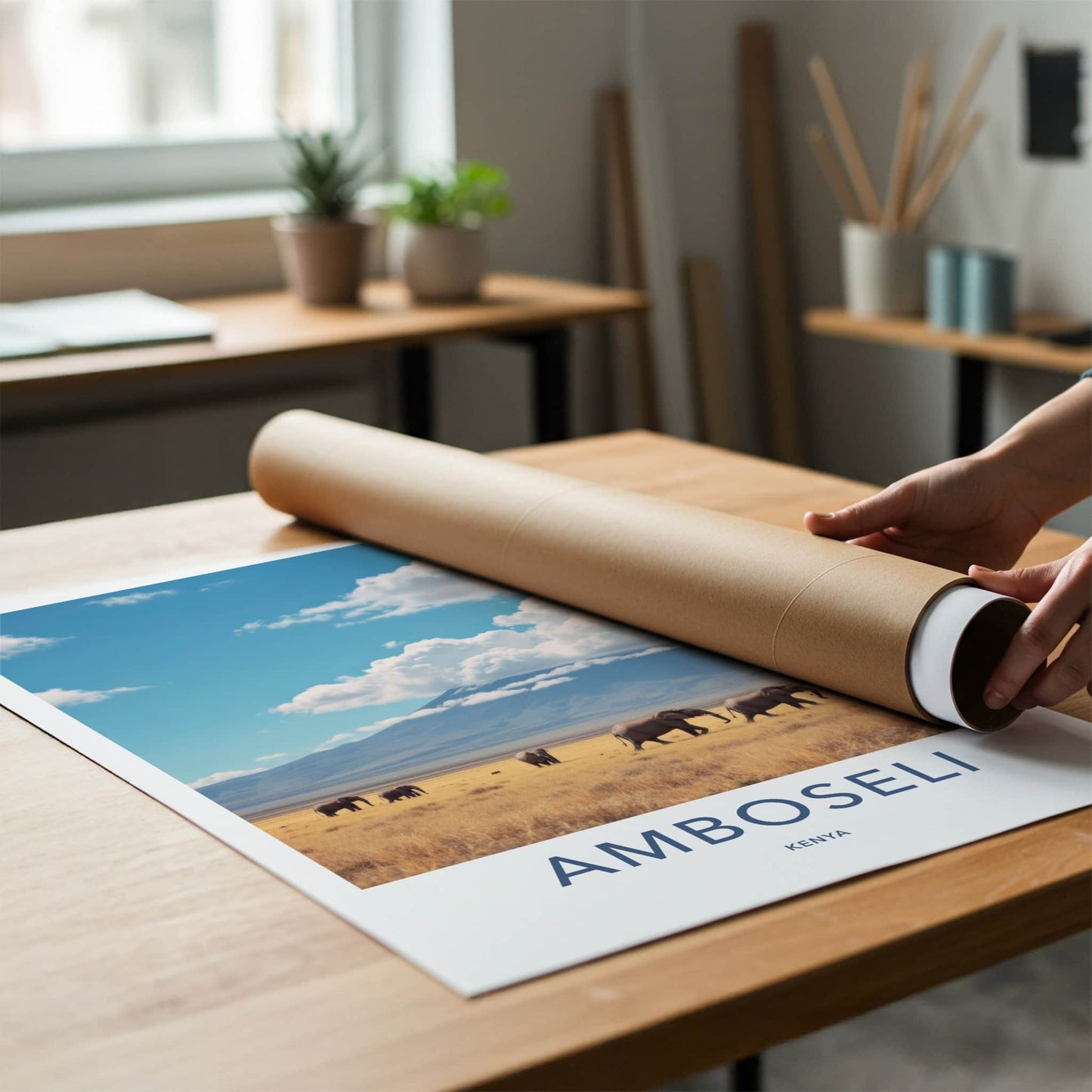 Amboseli Poster - Kenya Travel Art - Elephants Mount Kilimanjaro Home Decor