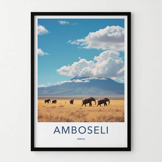 Amboseli Poster - Kenya Travel Art - Elephants Mount Kilimanjaro Home Decor