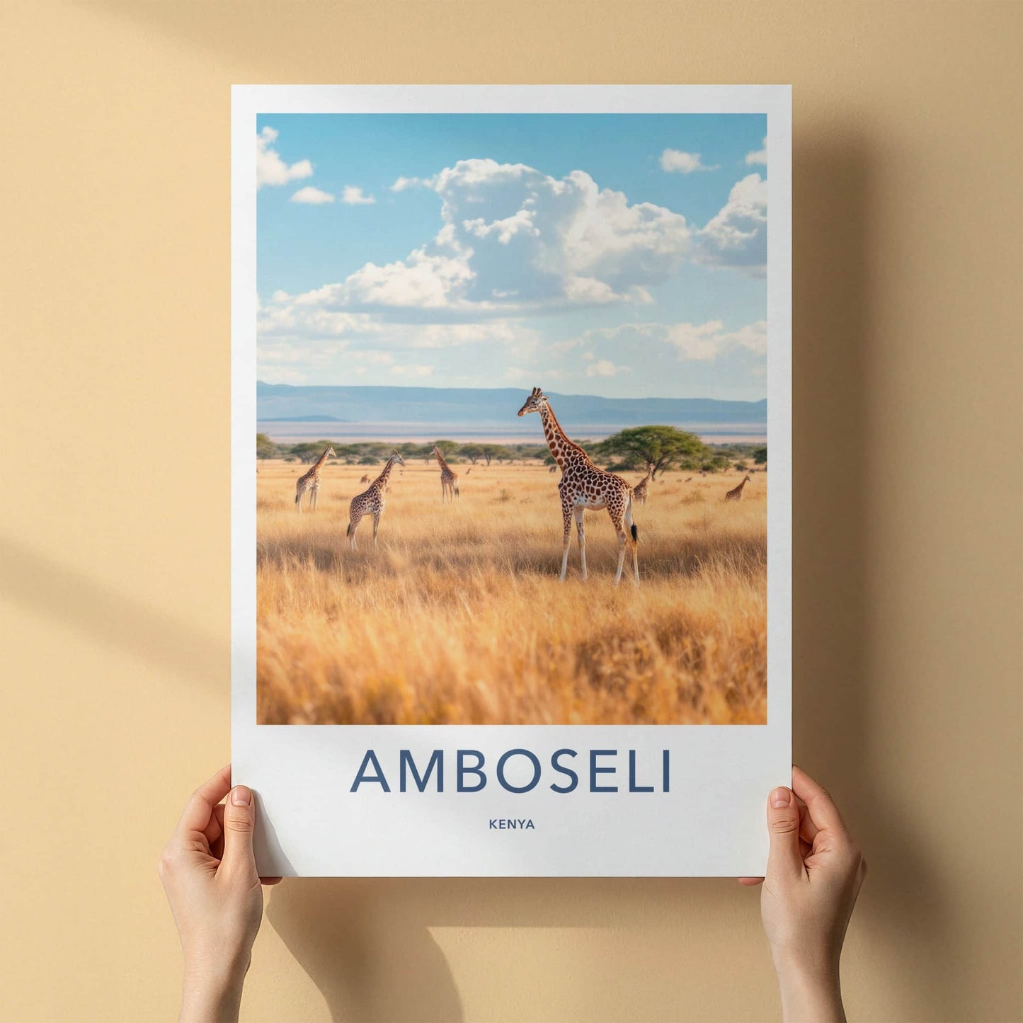 Amboseli Poster - Kenya Travel Print - Savanna Giraffes Sky Wall Decor