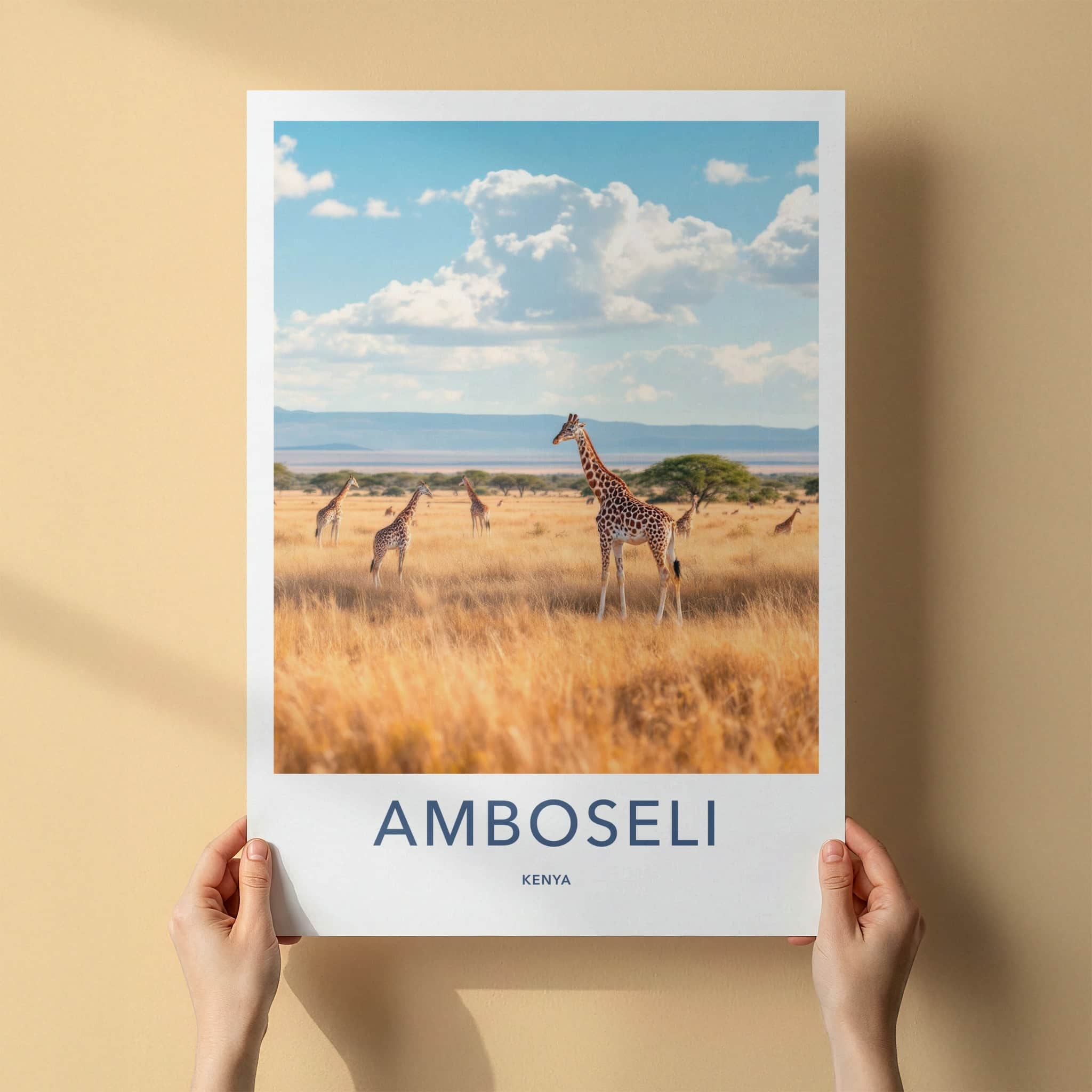 Amboseli Poster - Kenya Travel Print - Savanna Giraffes Sky Wall Decor