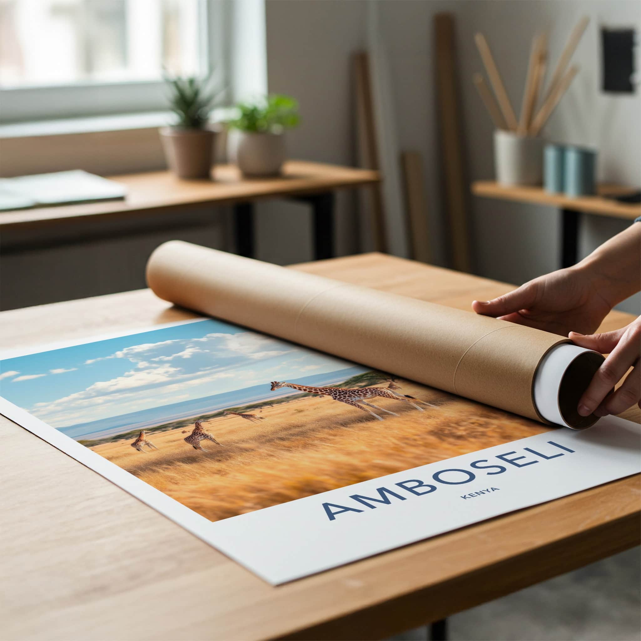 Amboseli Poster - Kenya Travel Print - Savanna Giraffes Sky Wall Decor