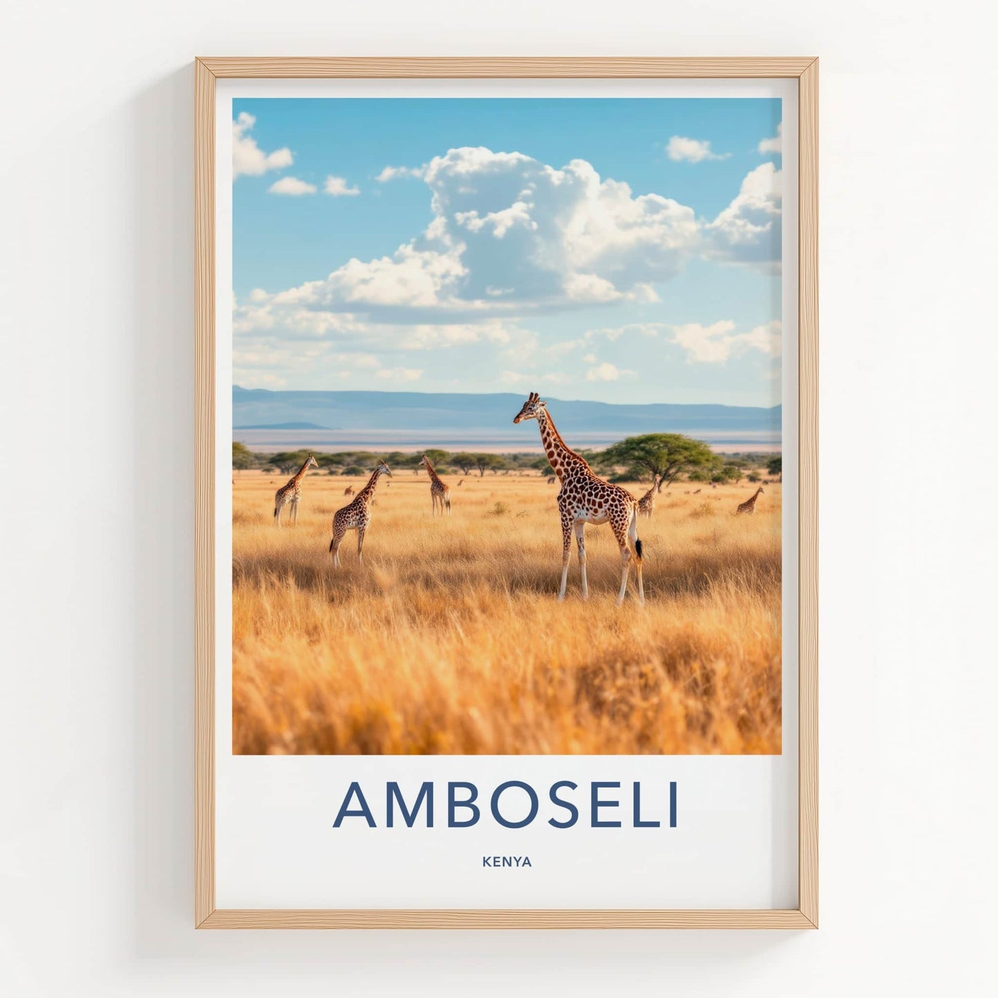 Amboseli Poster - Kenya Travel Print - Savanna Giraffes Sky Wall Decor