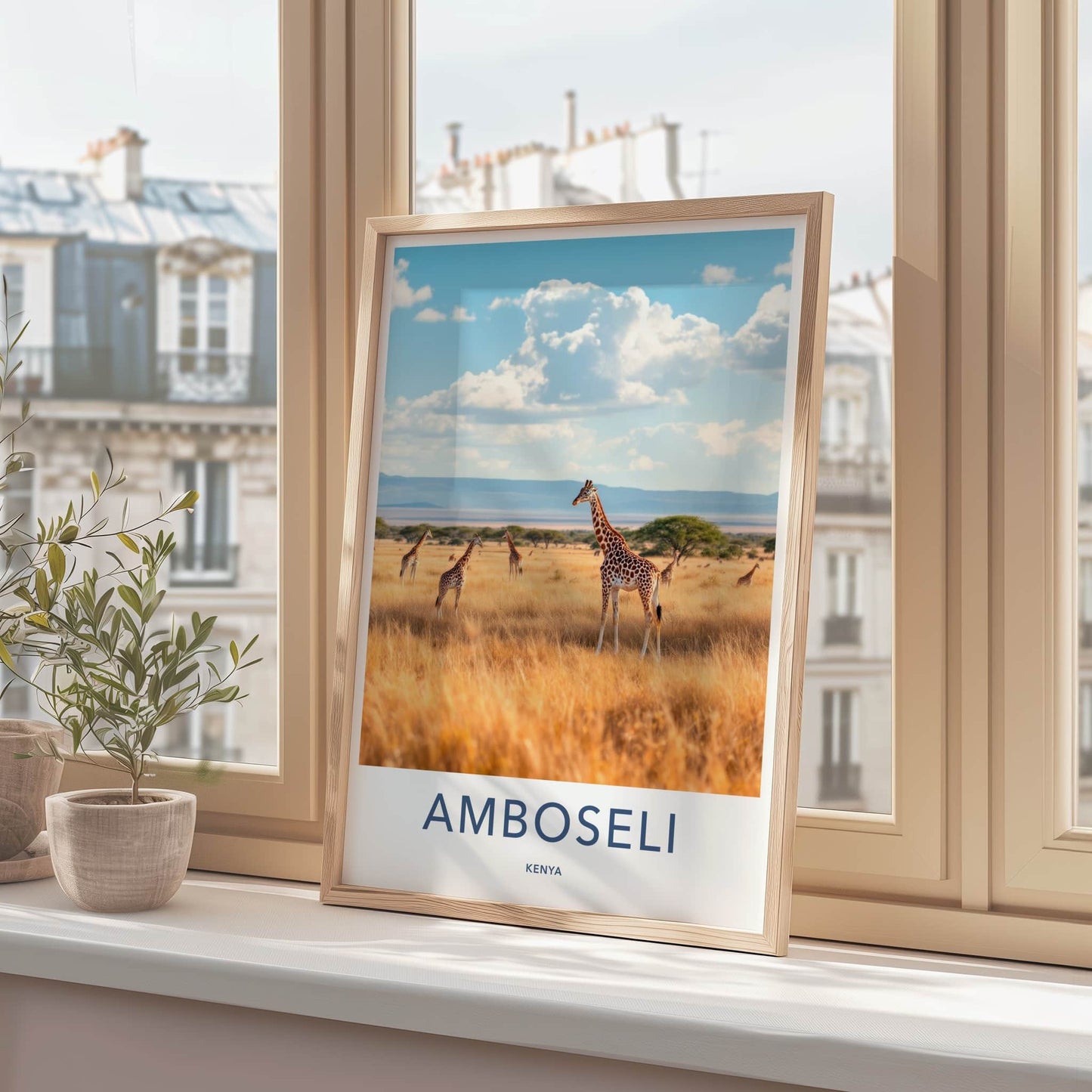 Amboseli Poster - Kenya Travel Print - Savanna Giraffes Sky Wall Decor
