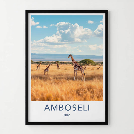 Amboseli Poster - Kenya Travel Print - Savanna Giraffes Sky Wall Decor