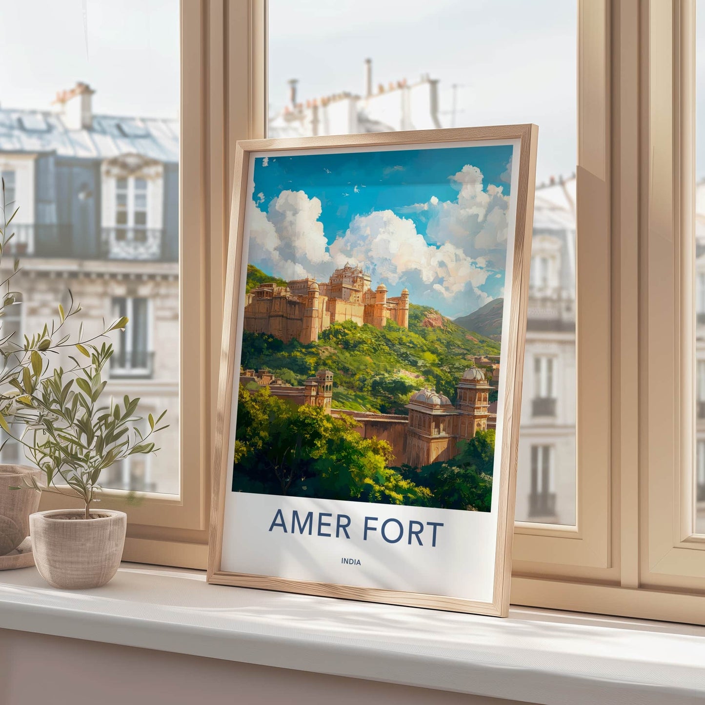 Amer Fort Poster - India Travel Art - Rajasthan Hillside Palace View Home Decor