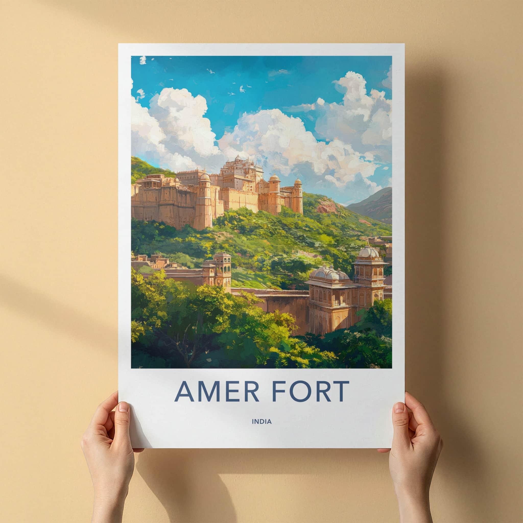 Amer Fort Poster - India Travel Art - Rajasthan Hillside Palace View Home Decor