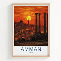 Amman Poster - Jordan Travel Art - Columns city sunset Wall Decor