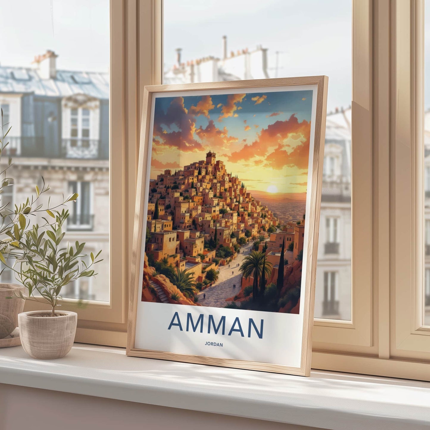 Amman Poster - Jordan Travel Art - Hillside City Sunset Wall Decor