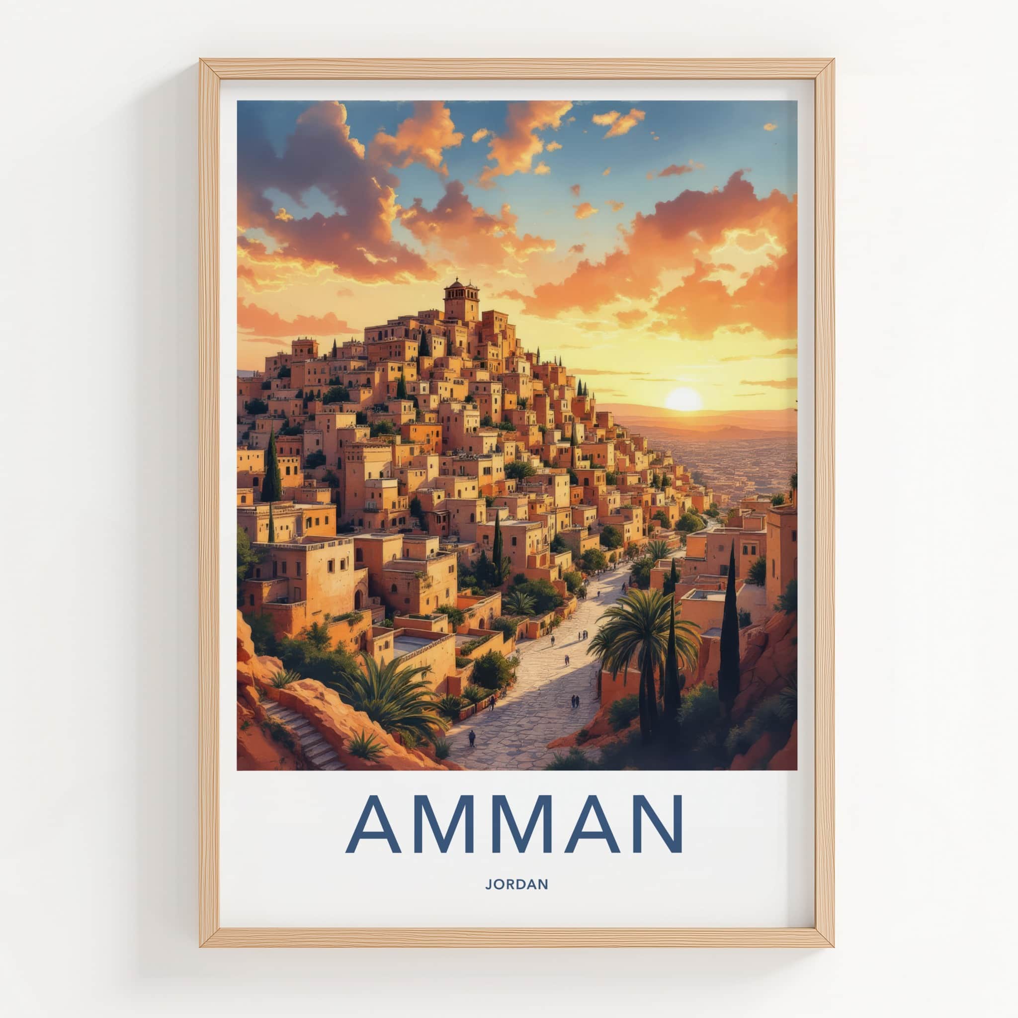 Amman Poster - Jordan Travel Art - Hillside City Sunset Wall Decor