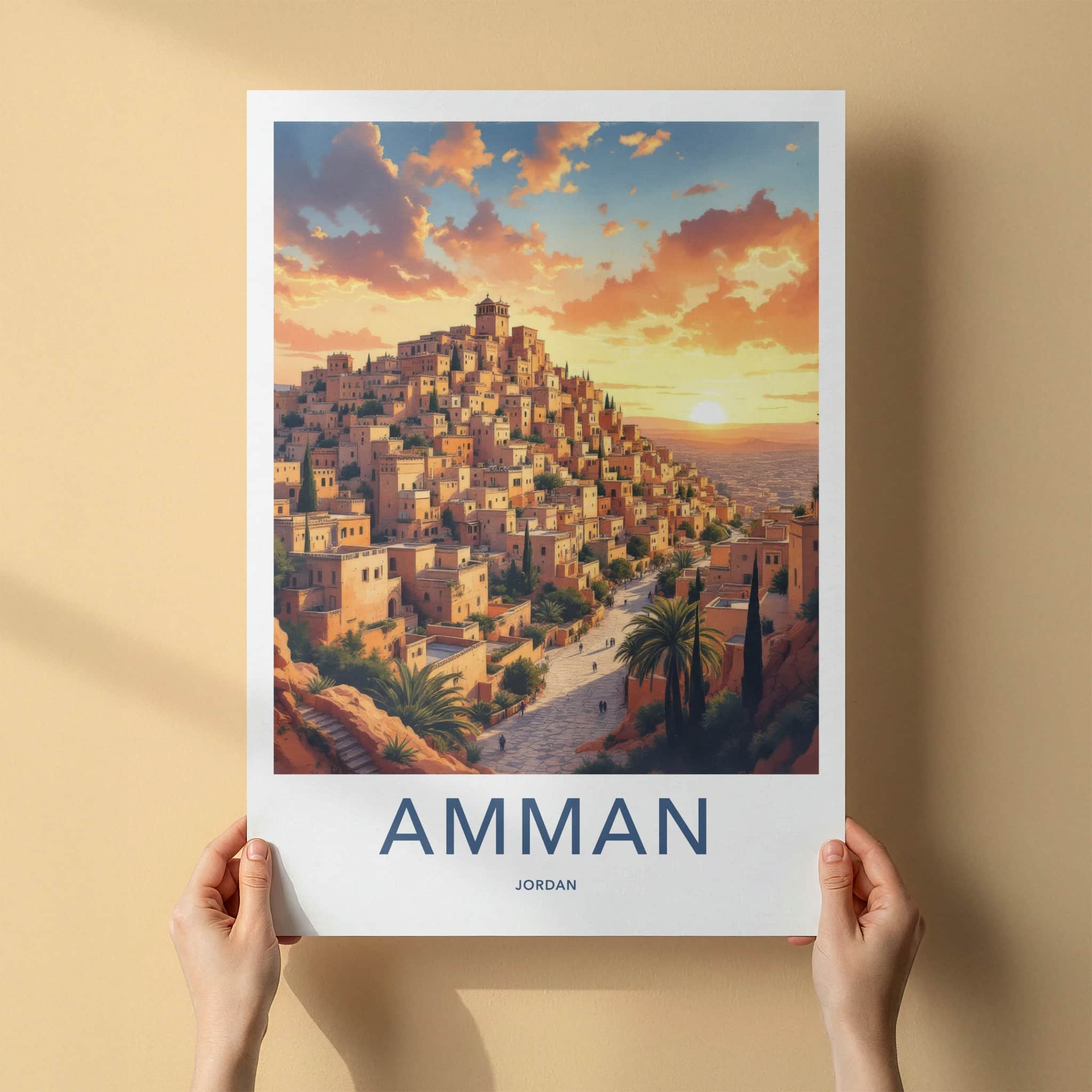 Amman Poster - Jordan Travel Art - Hillside City Sunset Wall Decor