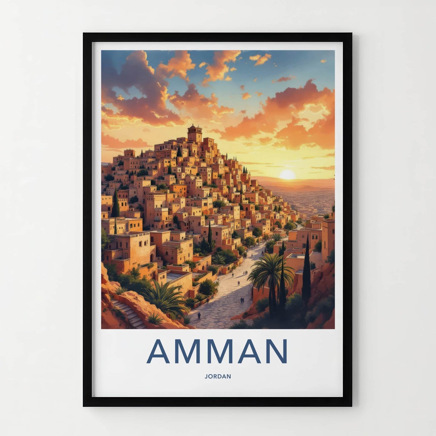 Amman Poster - Jordan Travel Art - Hillside City Sunset Wall Decor
