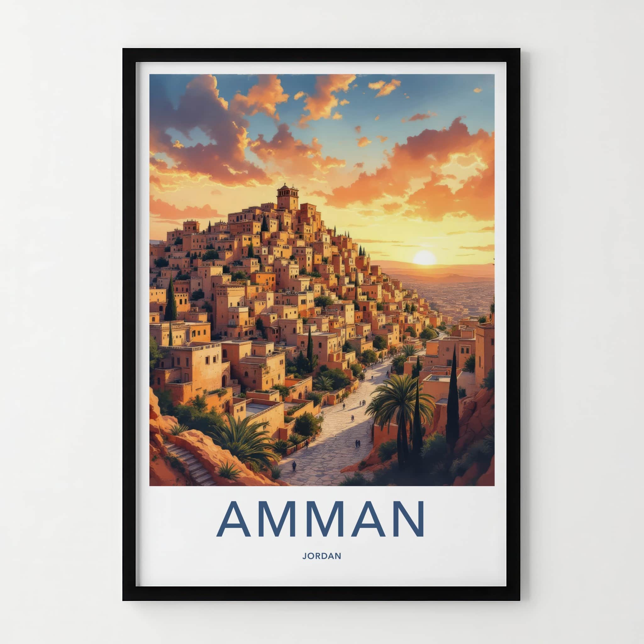 Amman Poster - Jordan Travel Art - Hillside City Sunset Wall Decor