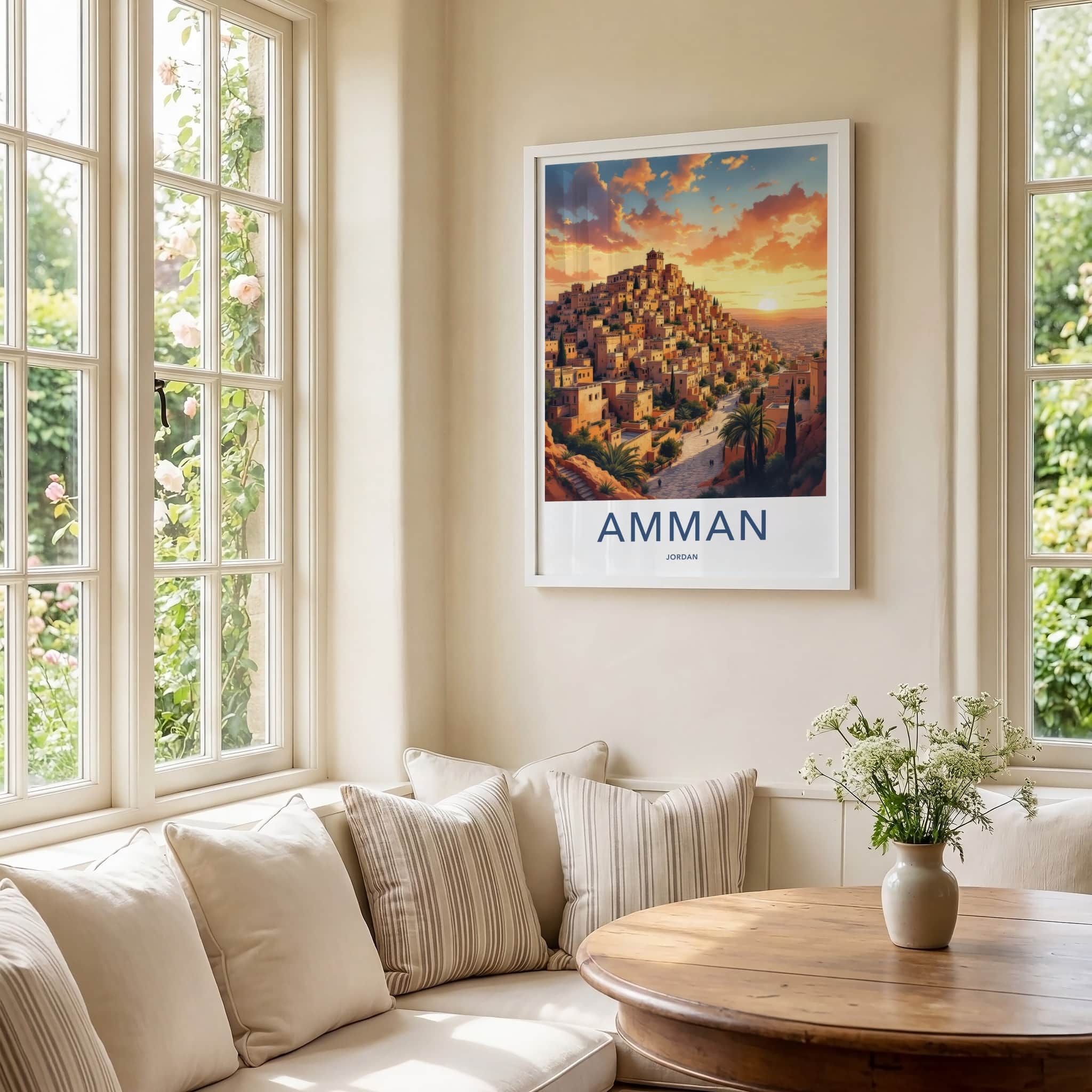 Amman Poster - Jordan Travel Art - Hillside City Sunset Wall Decor