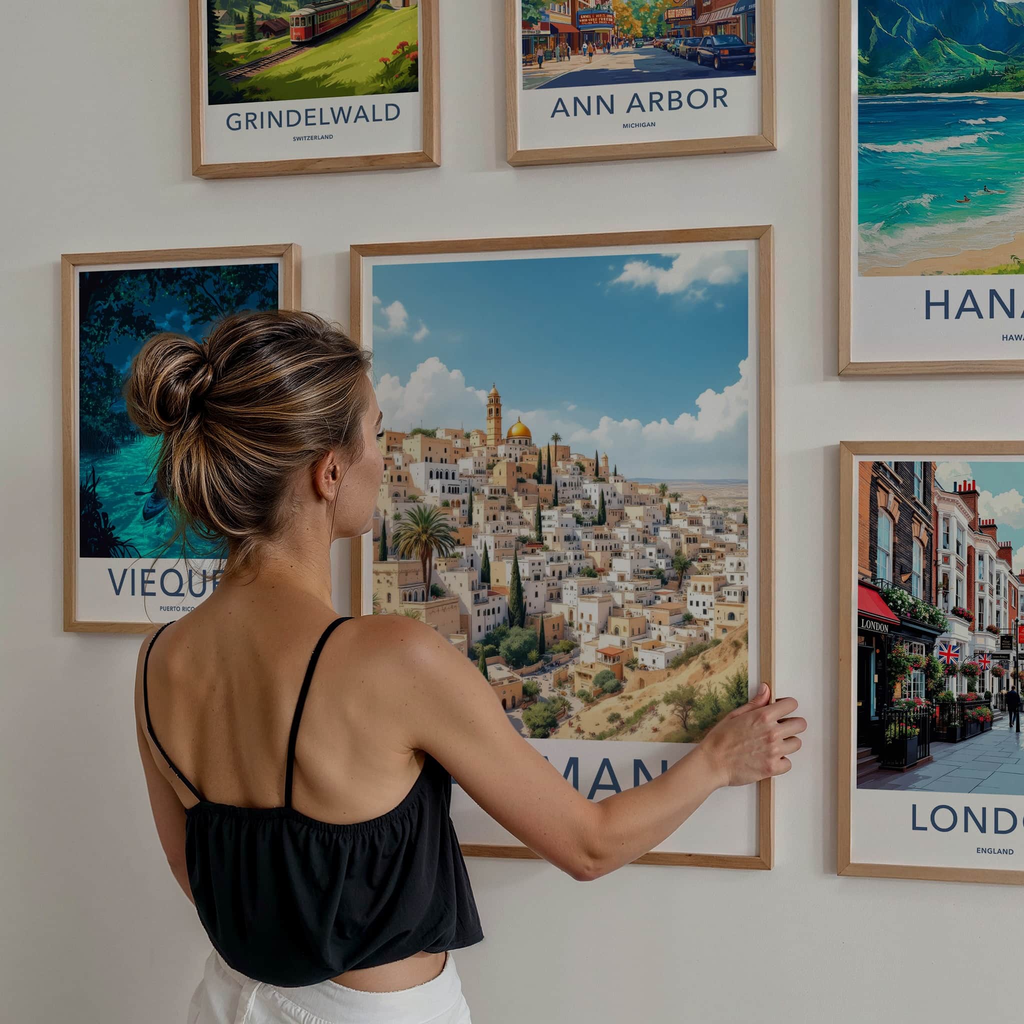 Amman Poster - Jordan Travel Art - Hillside Cityscape Golden Wall Decor