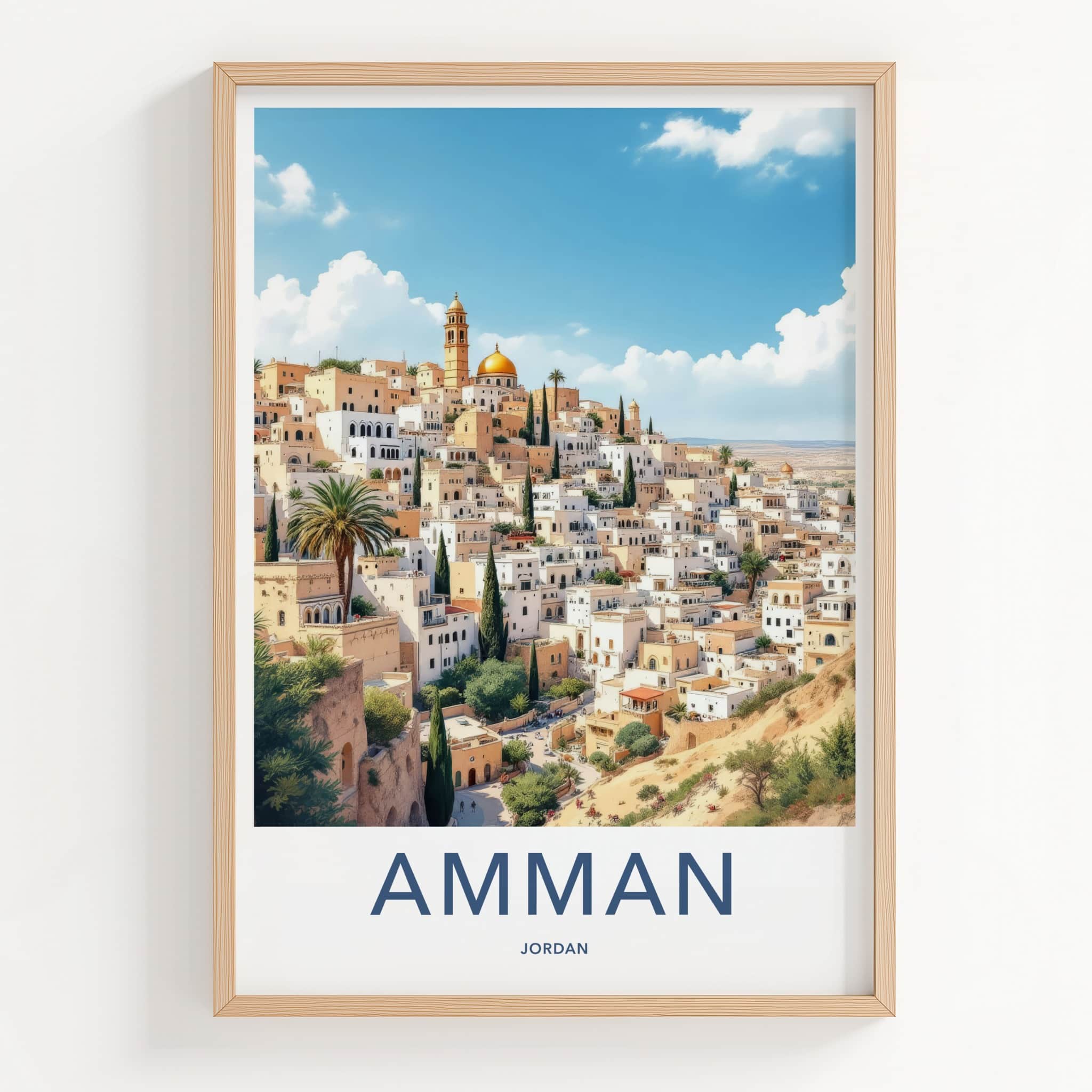 Amman Poster - Jordan Travel Art - Hillside Cityscape Golden Wall Decor