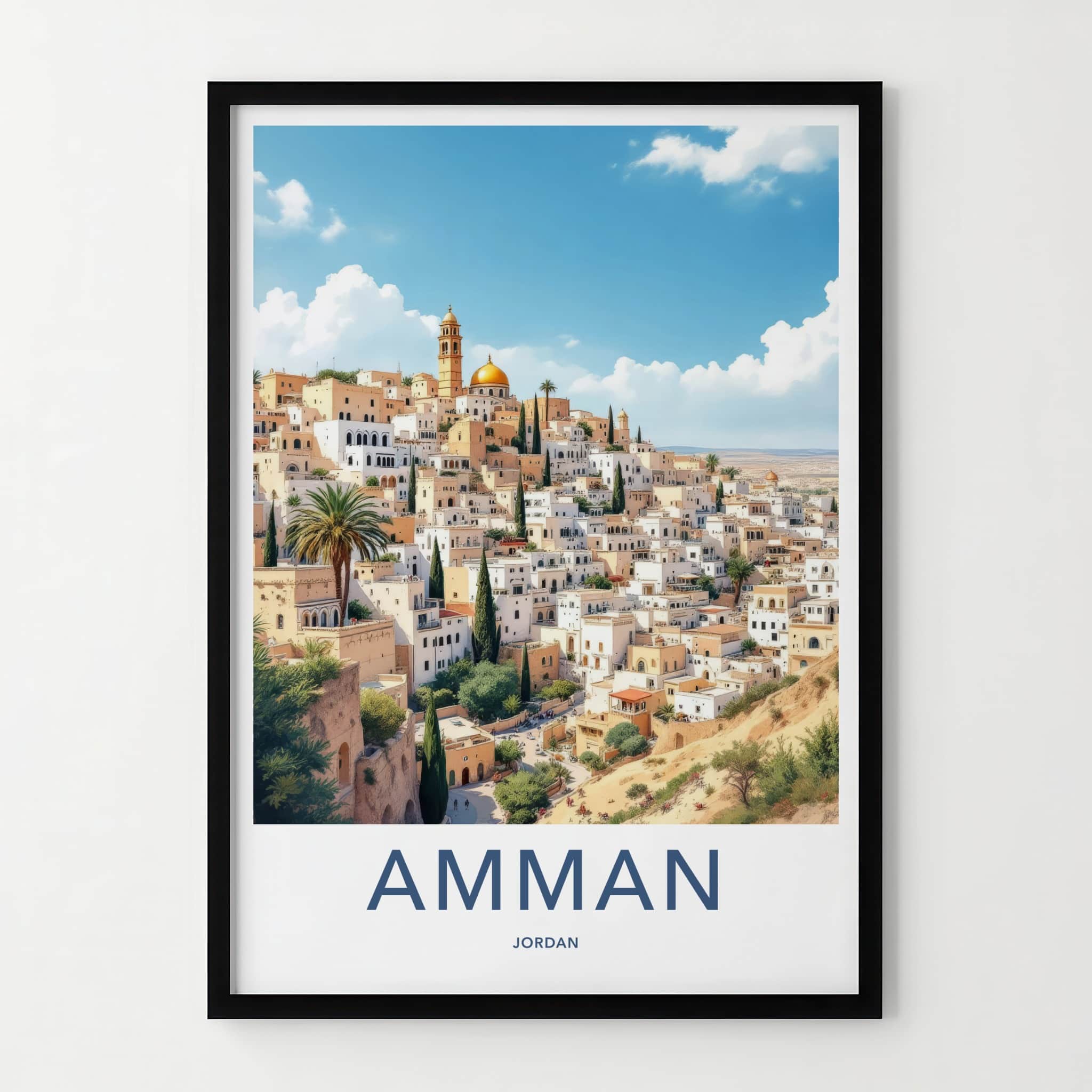 Amman Poster - Jordan Travel Art - Hillside Cityscape Golden Wall Decor