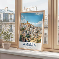 Amman Poster - Jordan Travel Art - Hillside Cityscape Golden Wall Decor