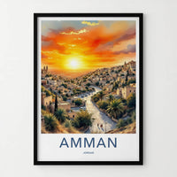 Amman Poster - Jordan Travel Art - Hillside Sunset City Home Decor