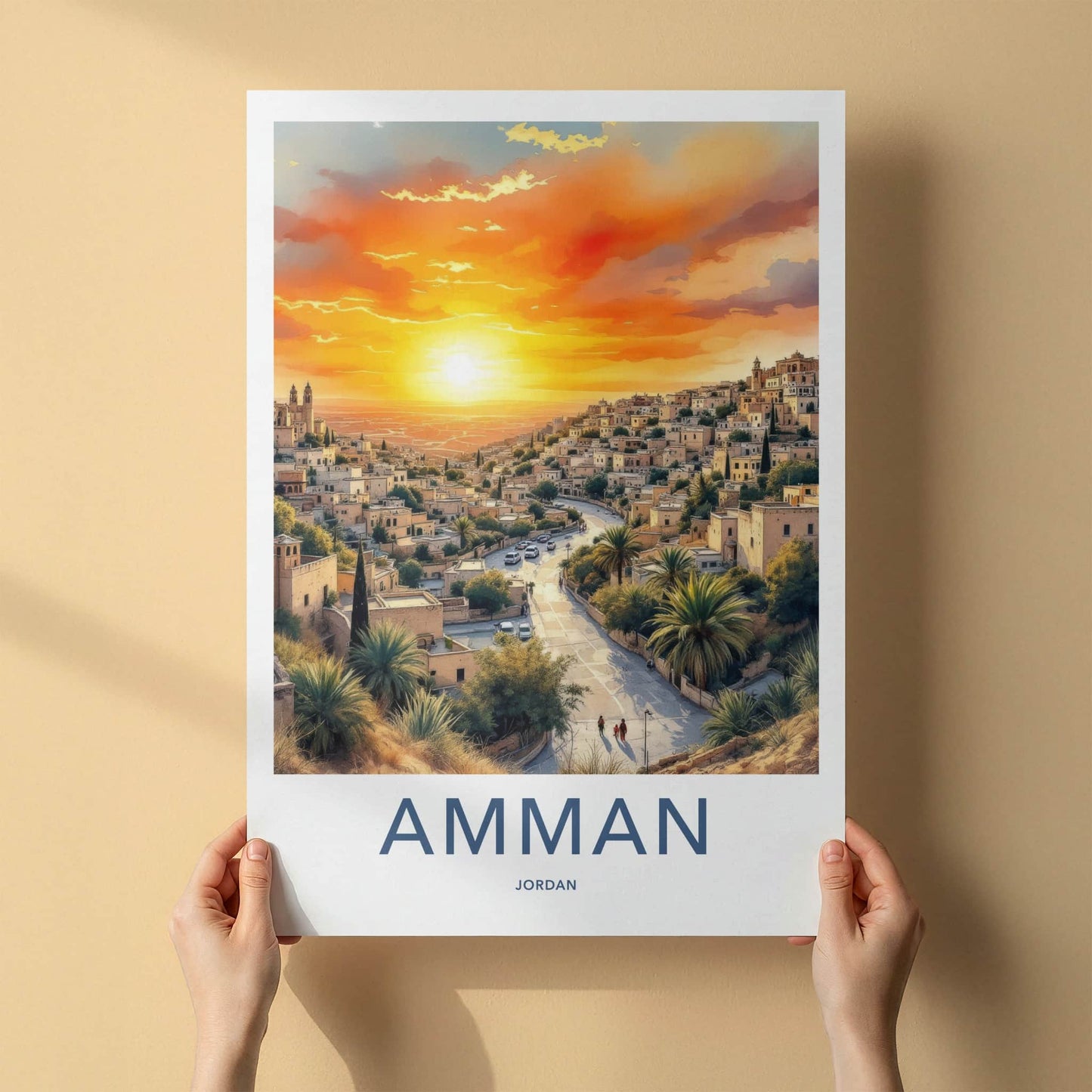 Amman Poster - Jordan Travel Art - Hillside Sunset City Home Decor