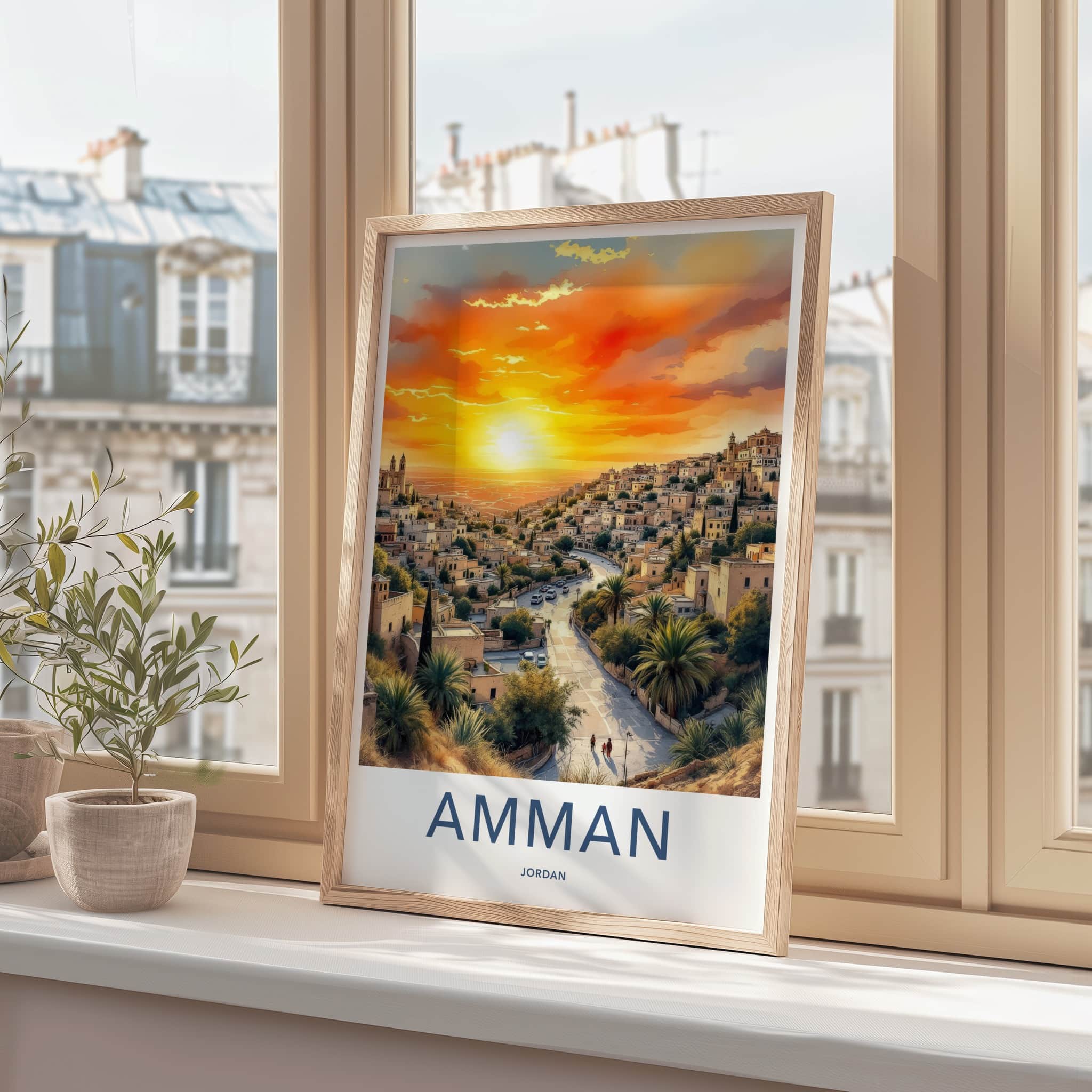 Amman Poster - Jordan Travel Art - Hillside Sunset City Home Decor