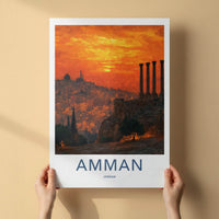 Amman Poster - Jordan Travel Art - Orange Sky Ruins Wall Decor