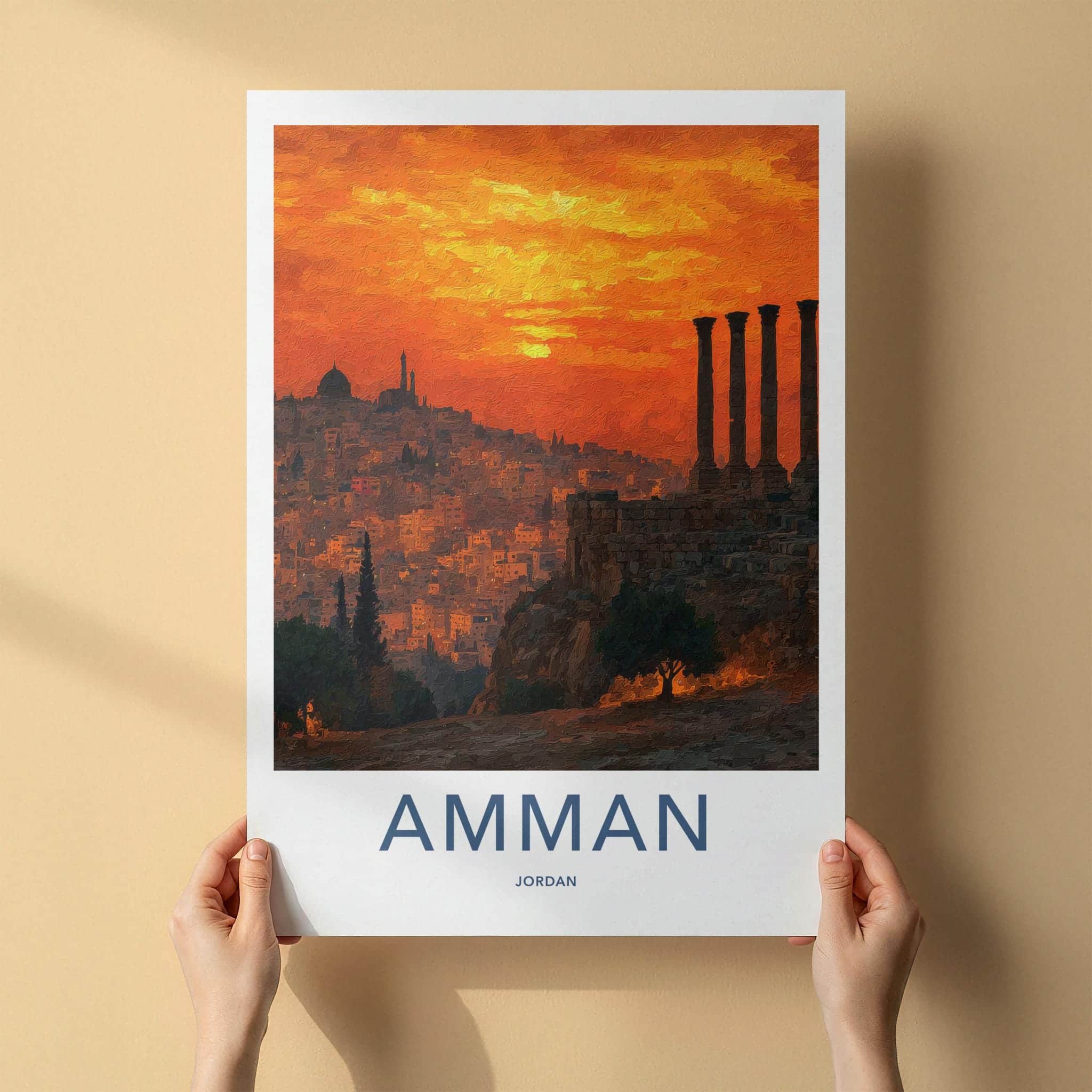 Amman Poster - Jordan Travel Art - Orange Sky Ruins Wall Decor