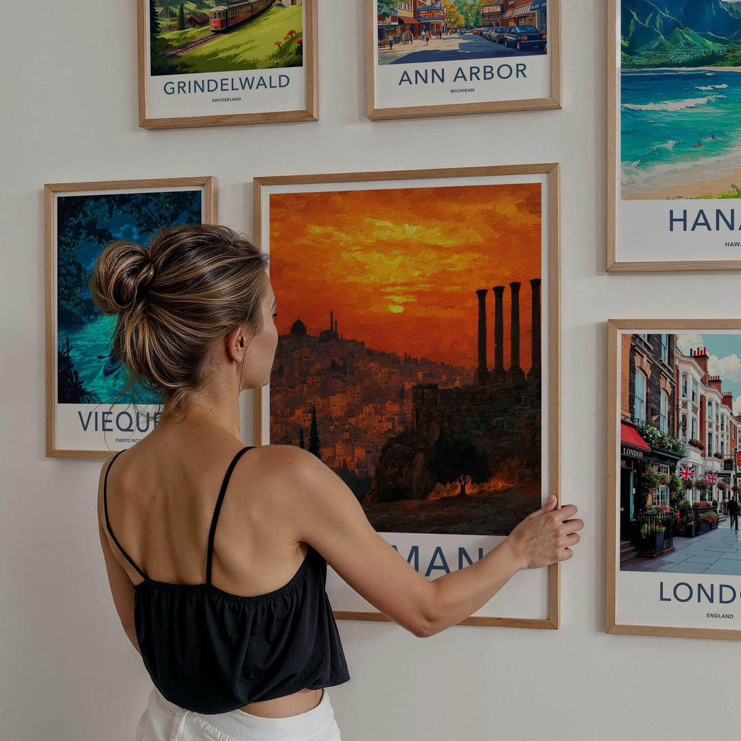 Amman Poster - Jordan Travel Art - Orange Sky Ruins Wall Decor