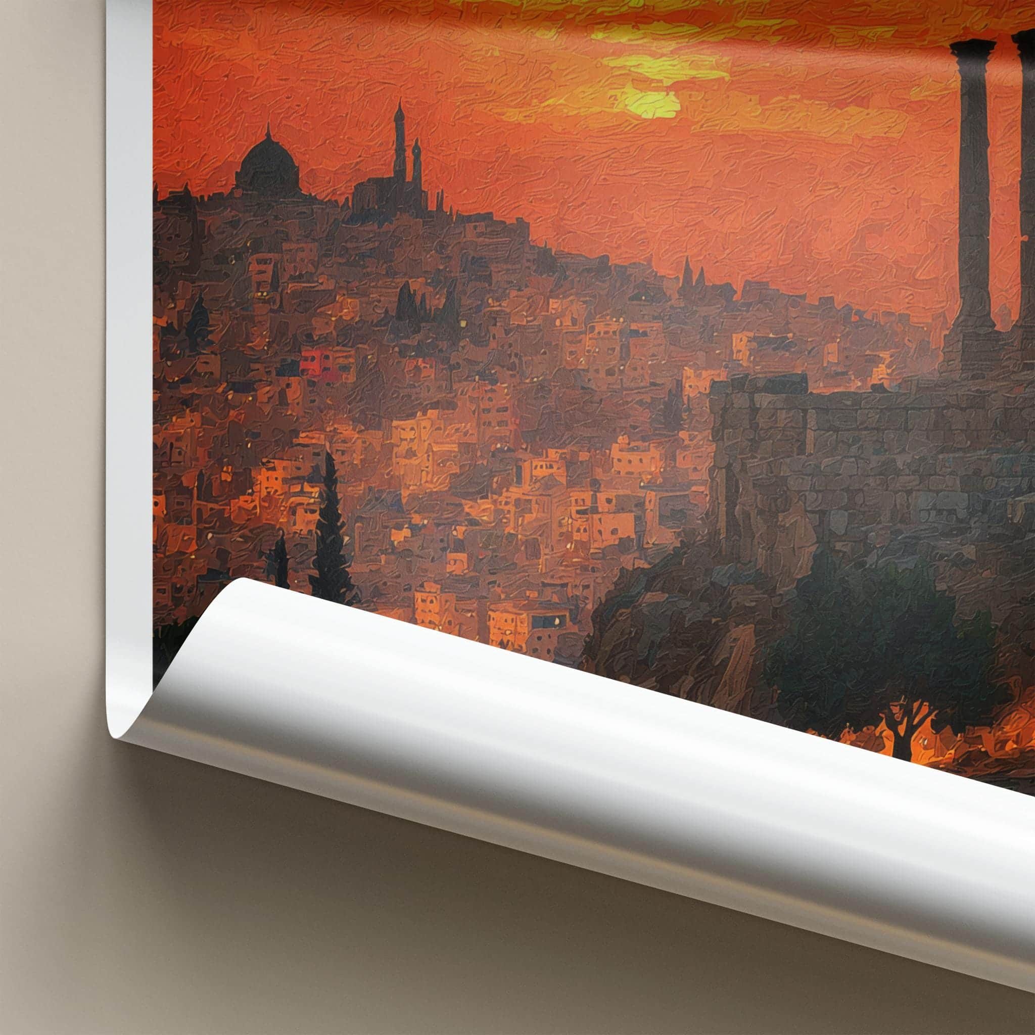 Amman Poster - Jordan Travel Art - Orange Sky Ruins Wall Decor