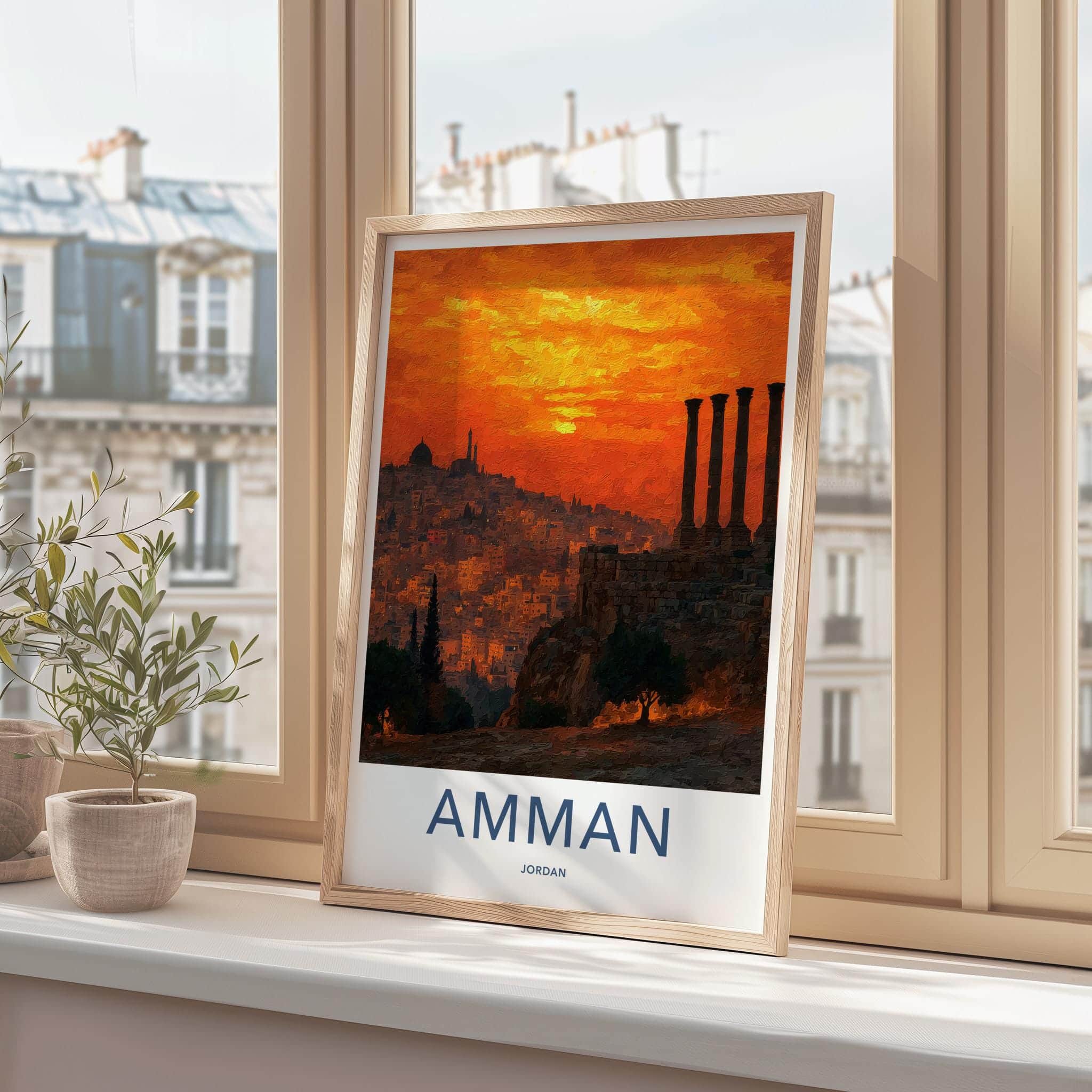 Amman Poster - Jordan Travel Art - Orange Sky Ruins Wall Decor