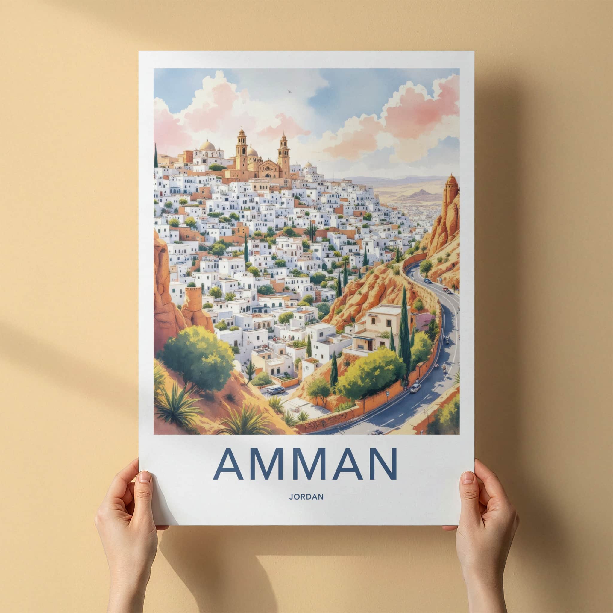 Amman Poster - Jordan Travel Art - White Buildings Hill Home Decor