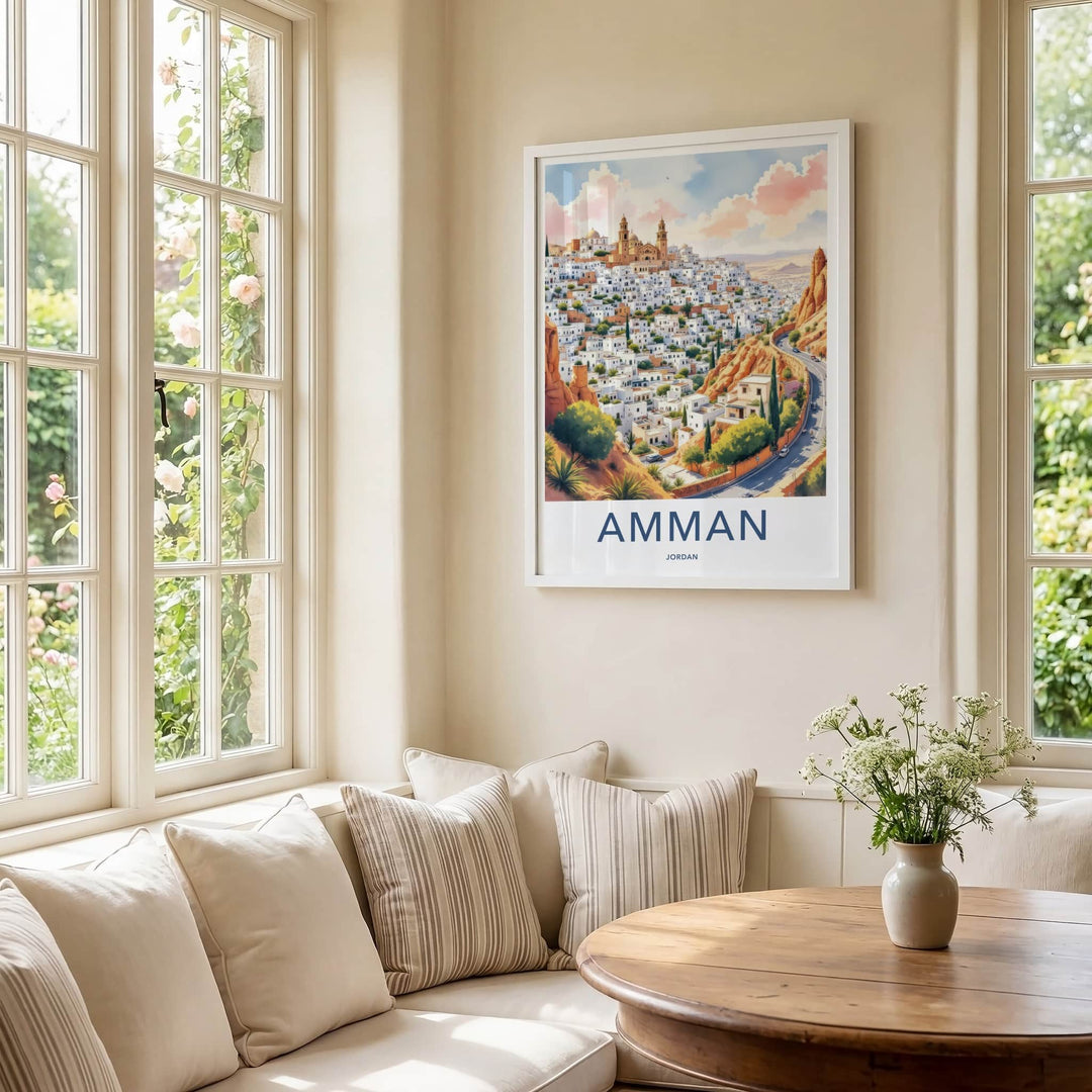 Amman Poster - Jordan Travel Art - White Buildings Hill Home Decor