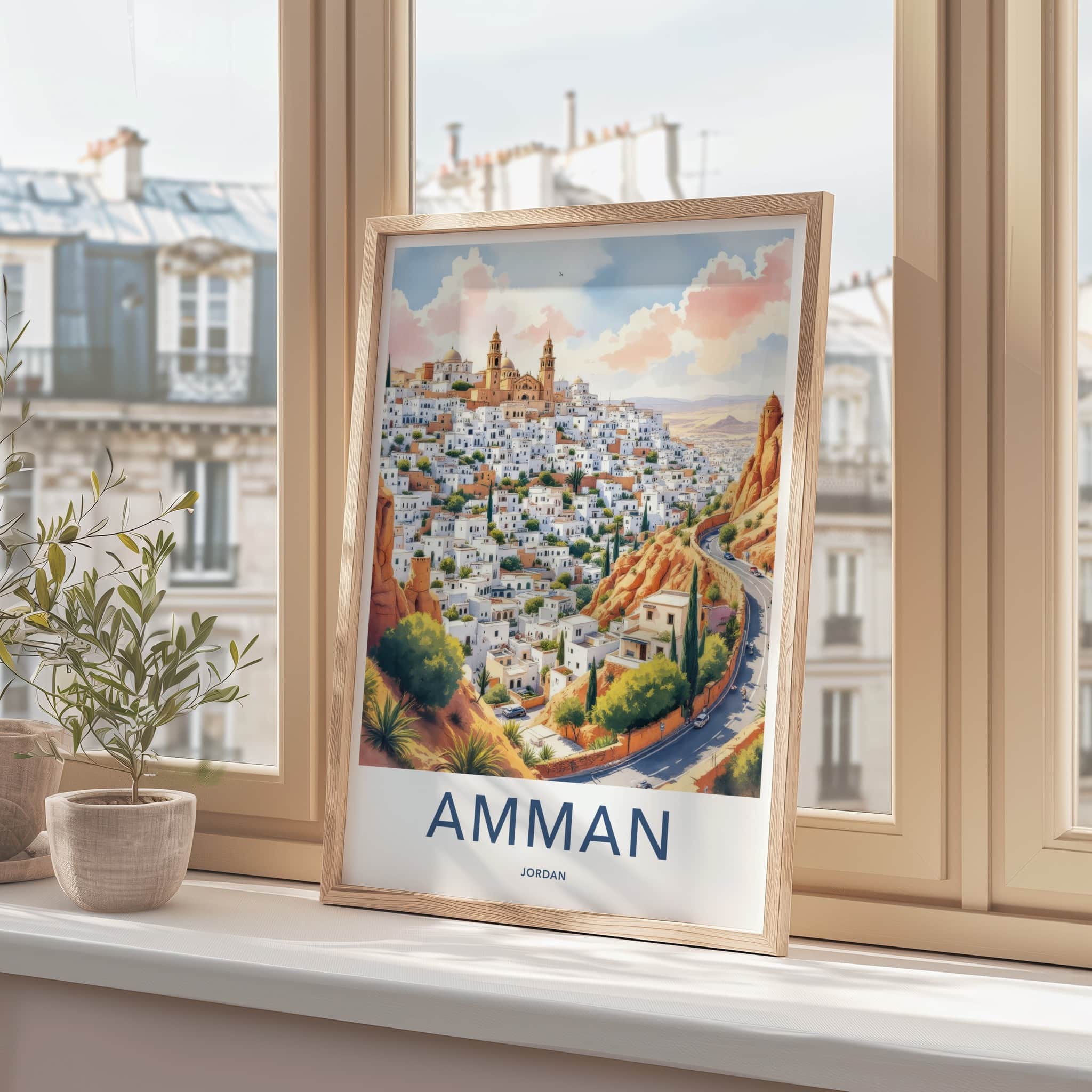 Amman Poster - Jordan Travel Art - White Buildings Hill Home Decor