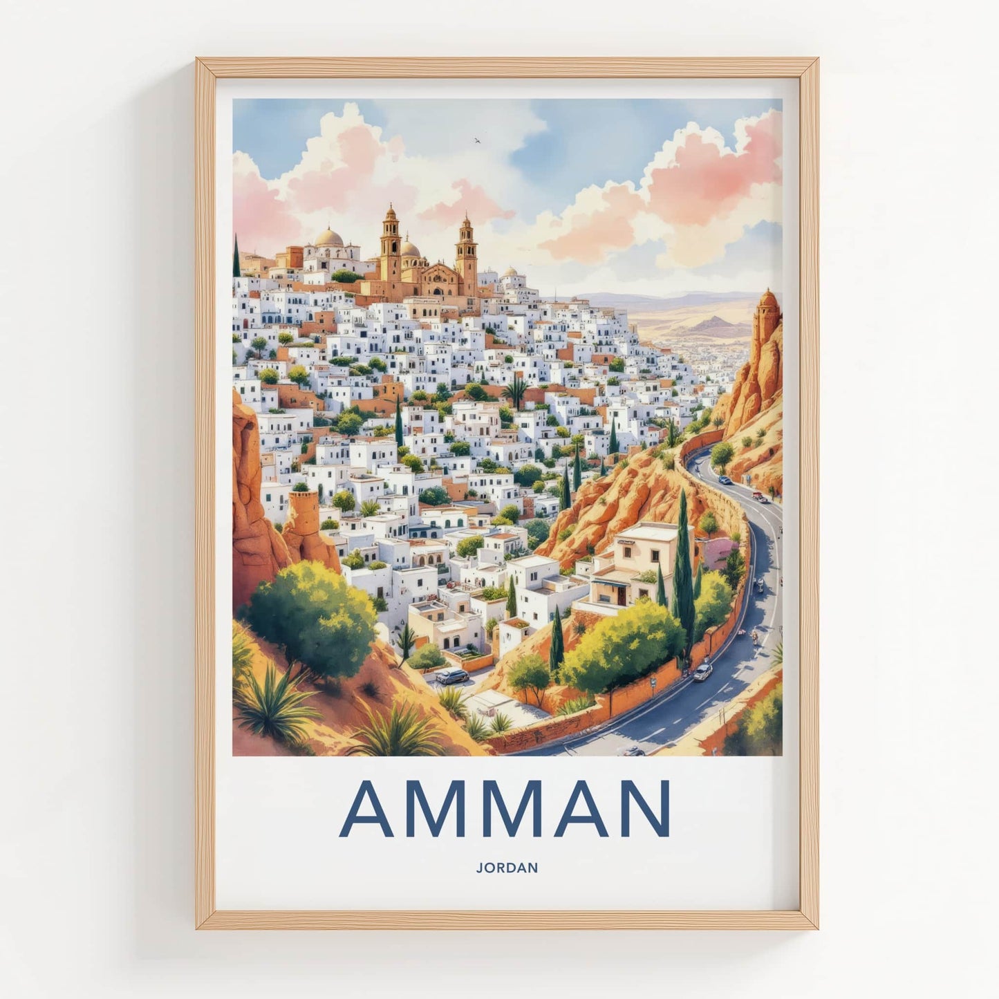 Amman Poster - Jordan Travel Art - White Buildings Hill Home Decor