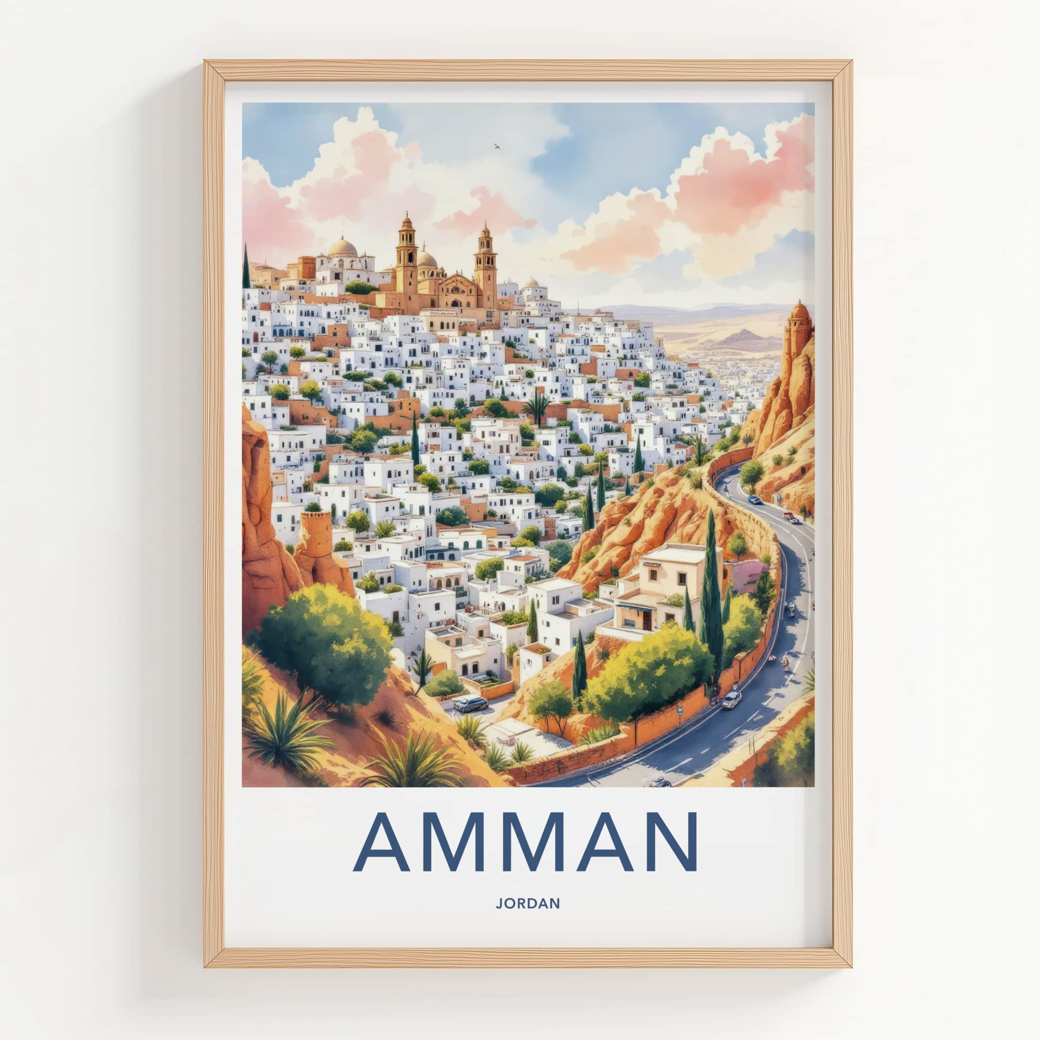 Amman Poster - Jordan Travel Art - White Buildings Hill Home Decor