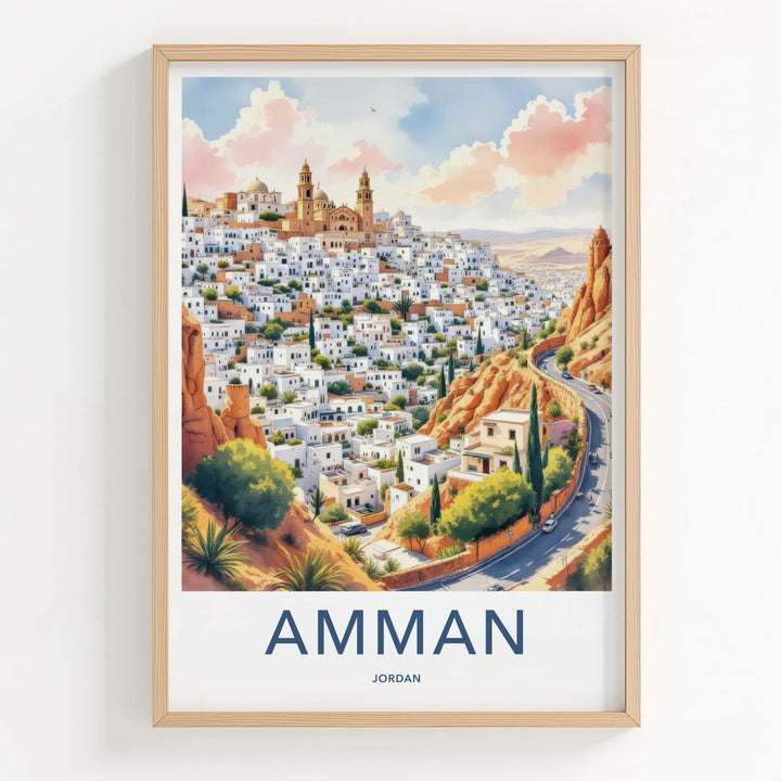 Amman Poster - Jordan Travel Art - White Buildings Hill Home Decor