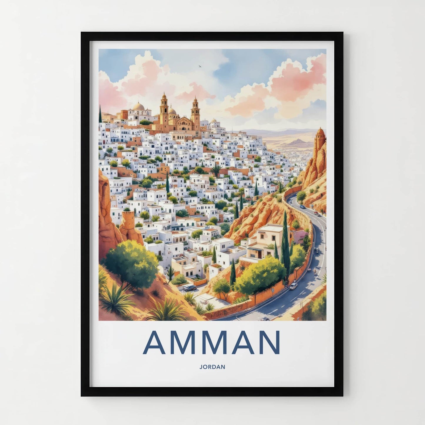 Amman Poster - Jordan Travel Art - White Buildings Hill Home Decor