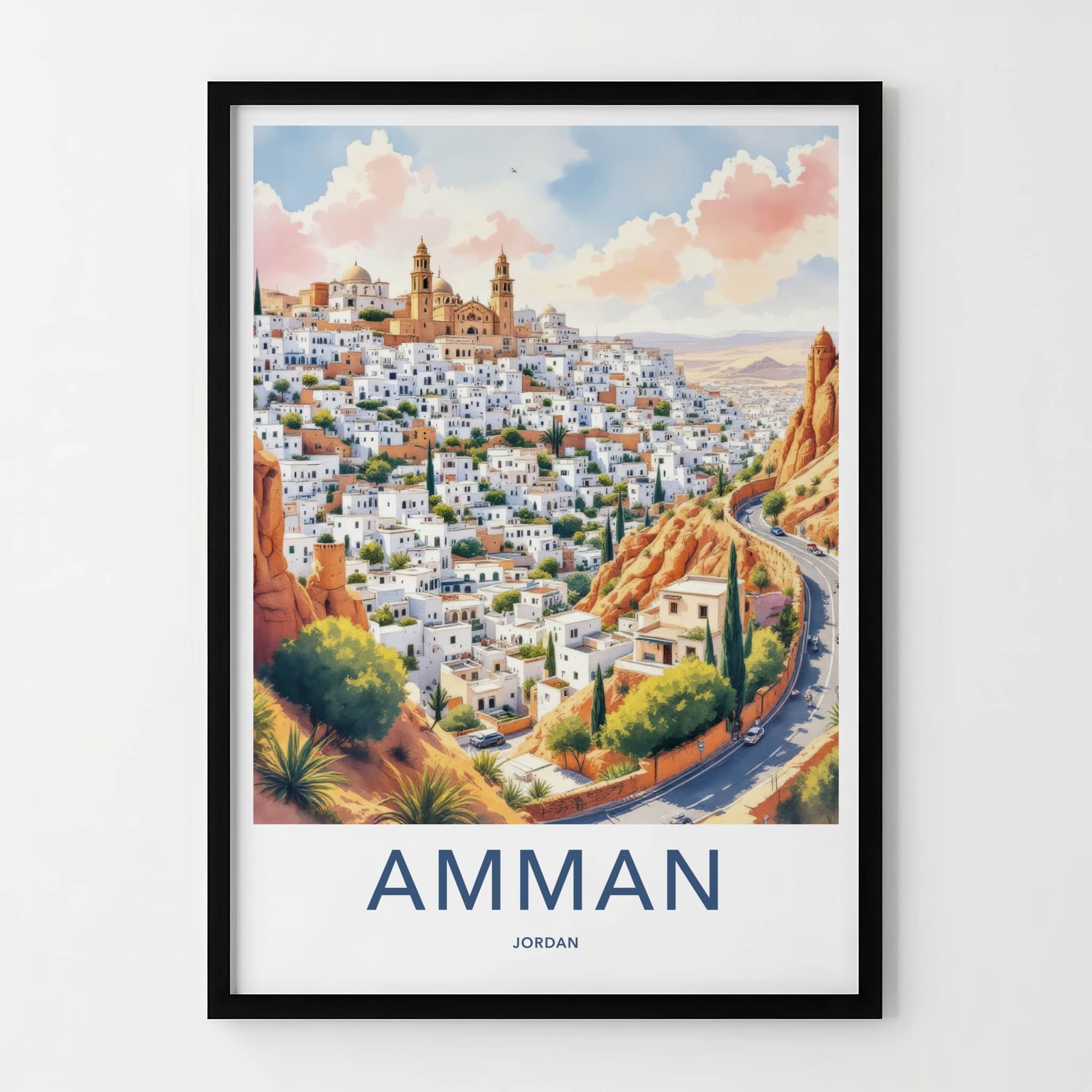 Amman Poster - Jordan Travel Art - White Buildings Hill Home Decor