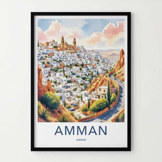 Amman Poster - Jordan Travel Art - White Buildings Hill Home Decor