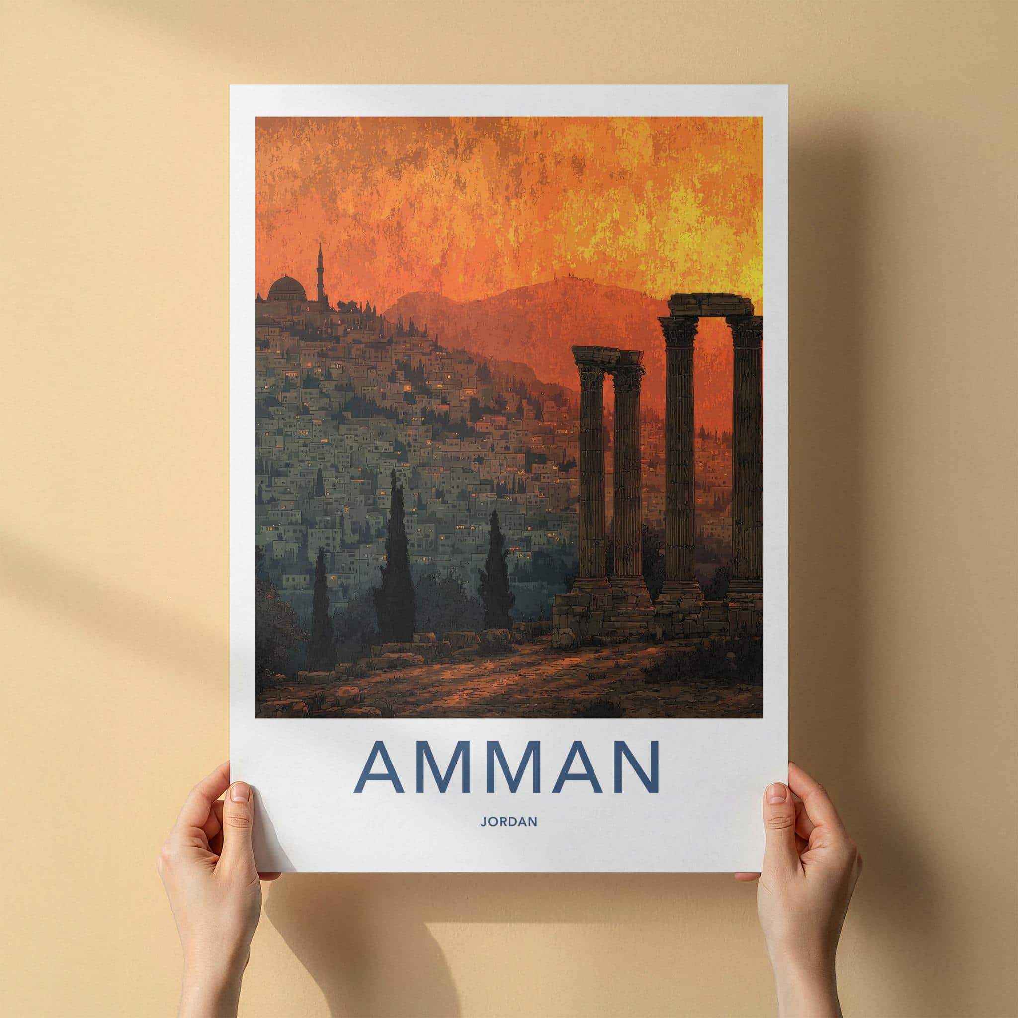 Amman Poster - Jordan Travel Illustration - Sunset City Ruins Home Decor