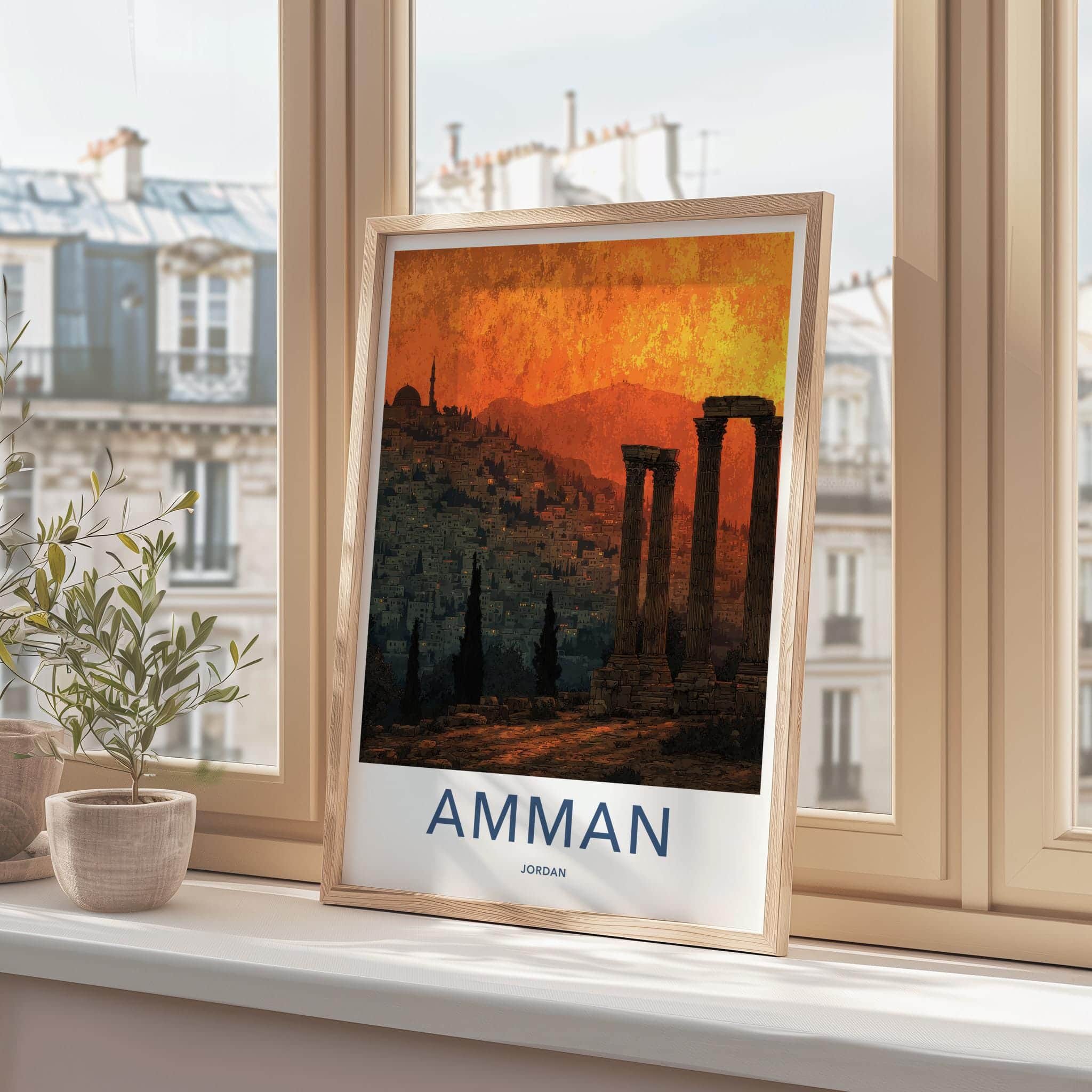 Amman Poster - Jordan Travel Illustration - Sunset City Ruins Home Decor