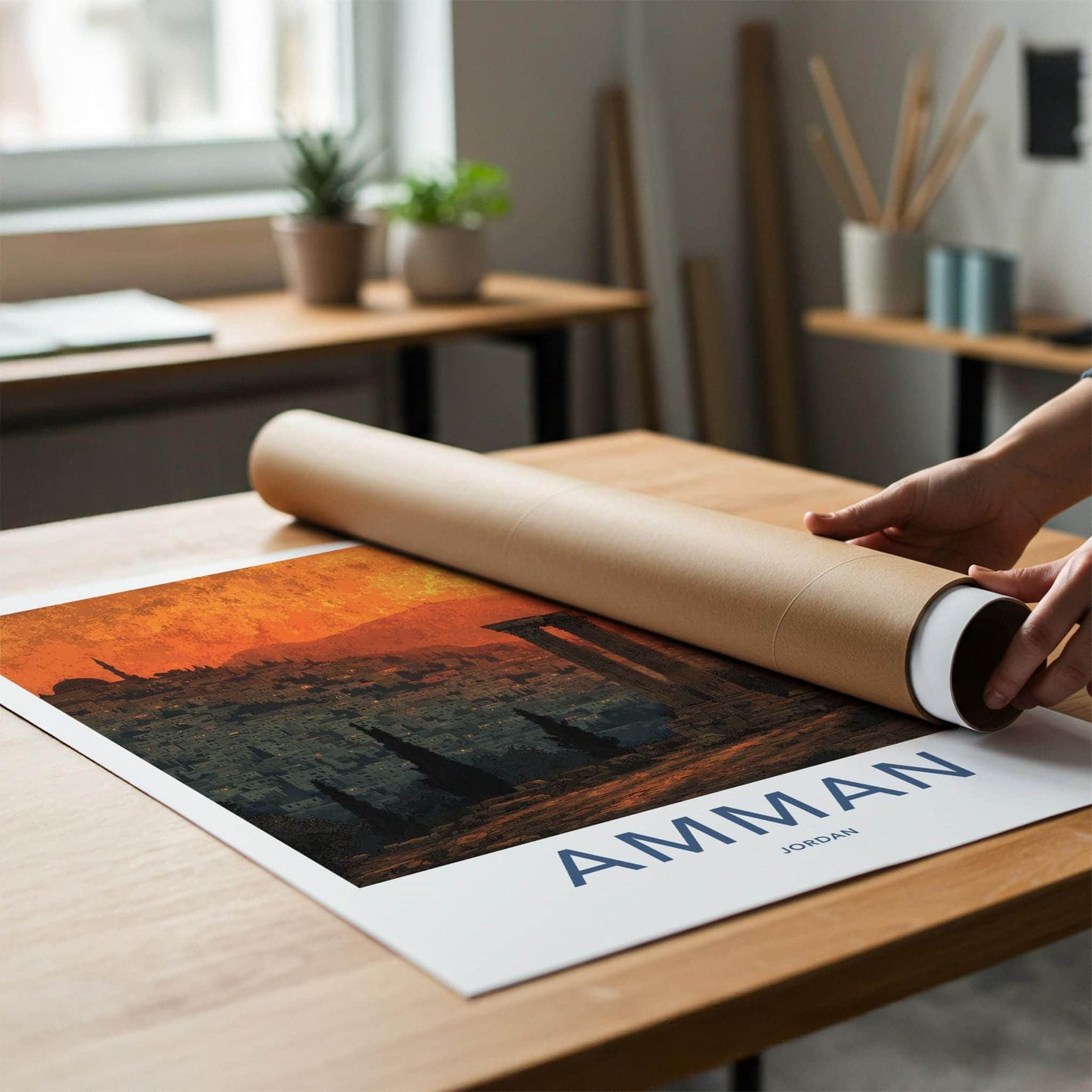 Amman Poster - Jordan Travel Illustration - Sunset City Ruins Home Decor