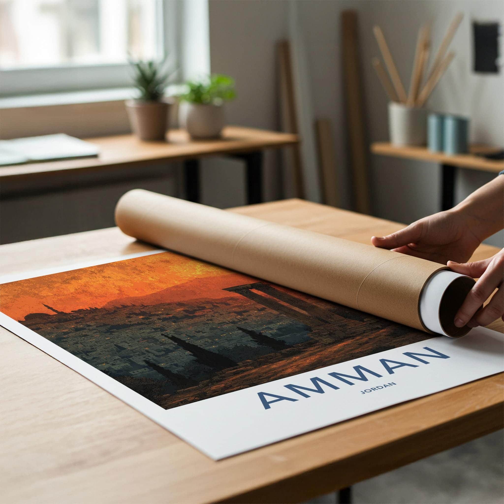 Amman Poster - Jordan Travel Illustration - Sunset City Ruins Home Decor