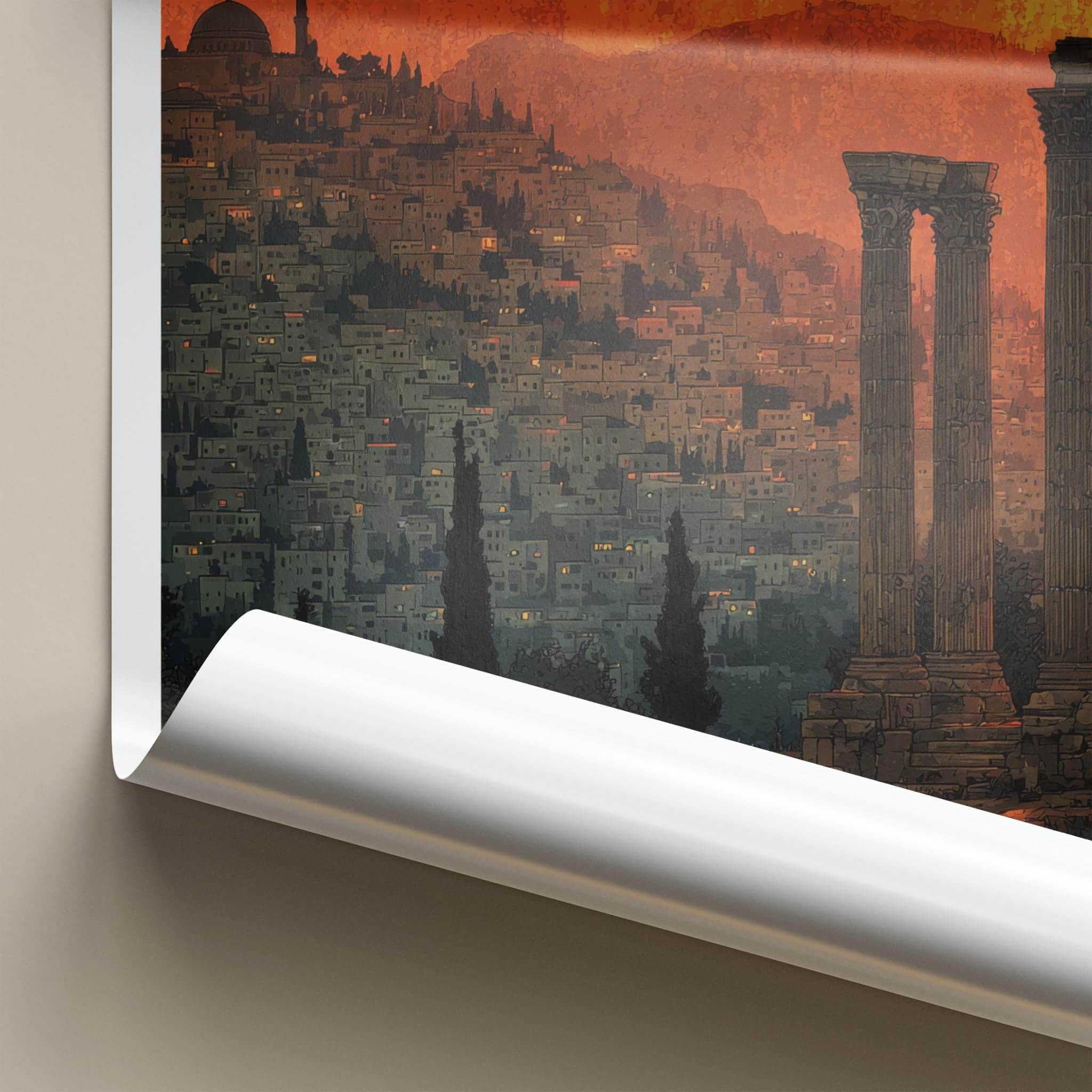 Amman Poster - Jordan Travel Illustration - Sunset City Ruins Home Decor