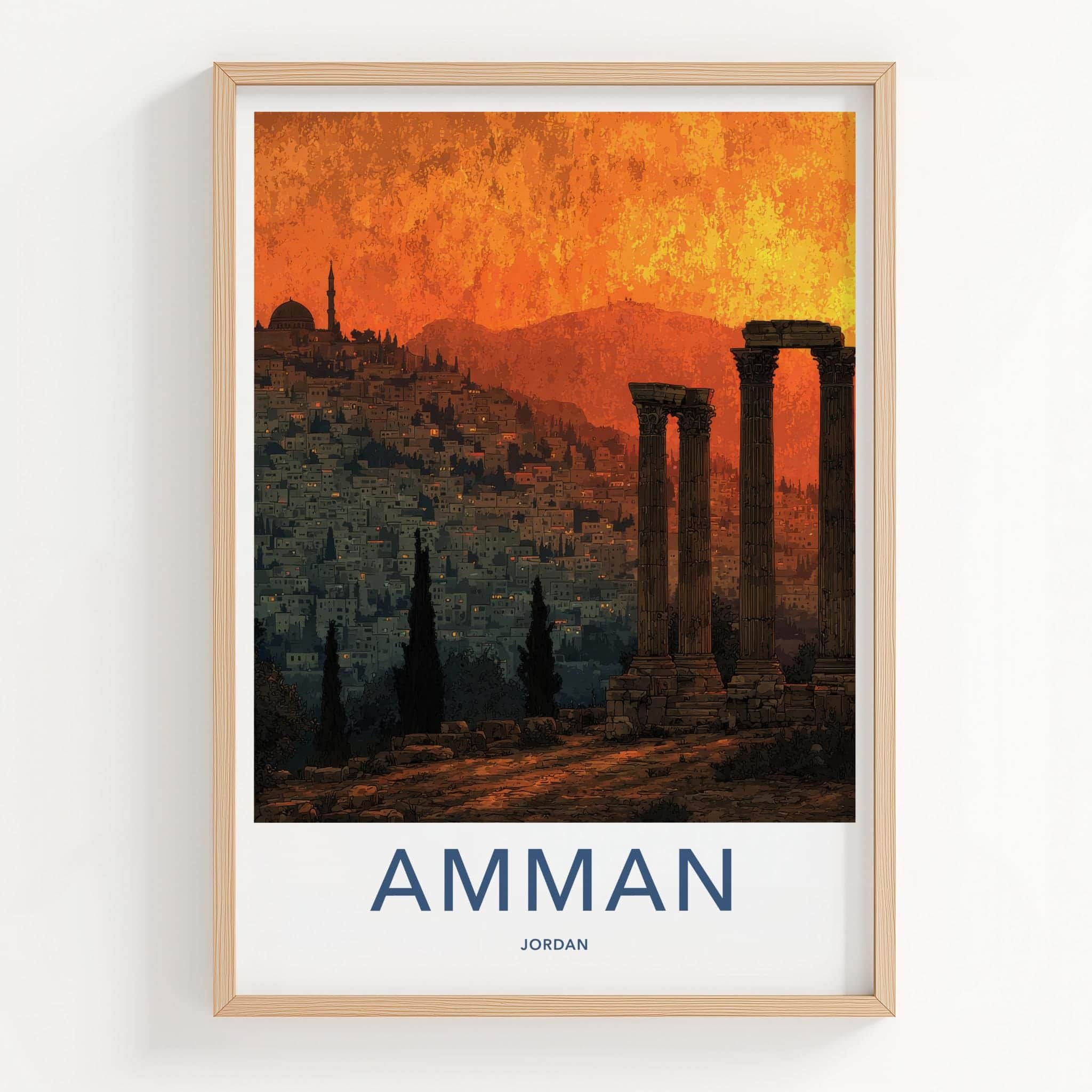 Amman Poster - Jordan Travel Illustration - Sunset City Ruins Home Decor
