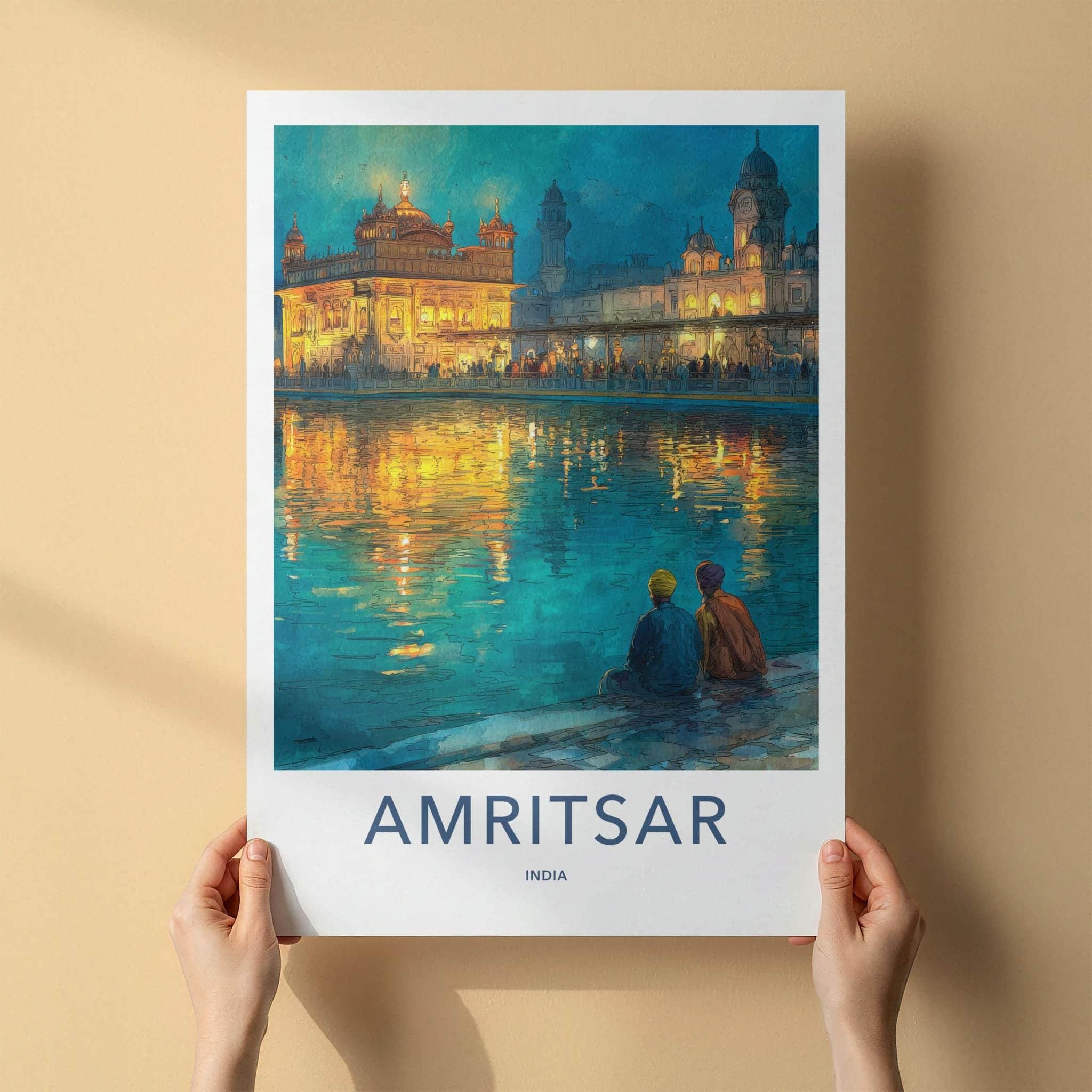 Amritsar Poster - India Travel Illustration - Golden Temple Glow Home Decor