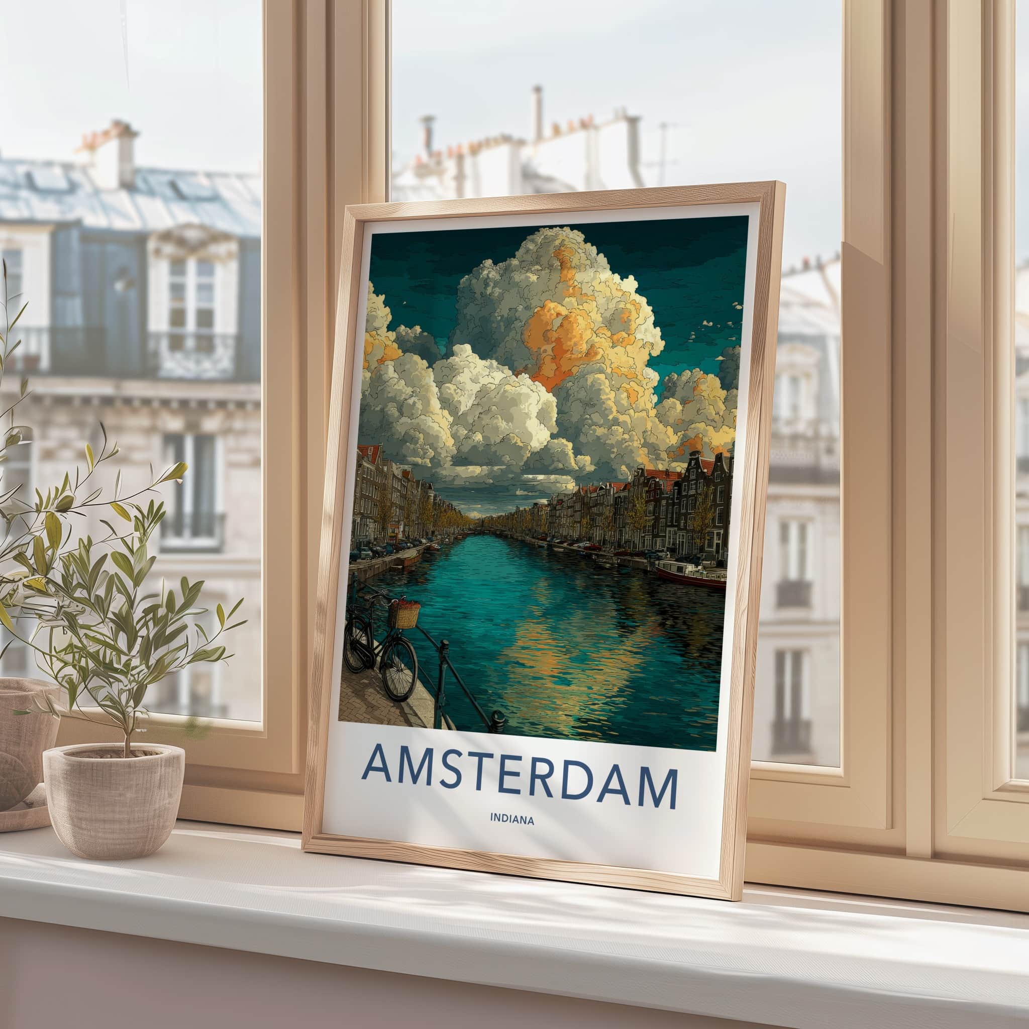 Amsterdam Poster - Indiana Travel Art - Dramatic Clouds Canal Wall Decor