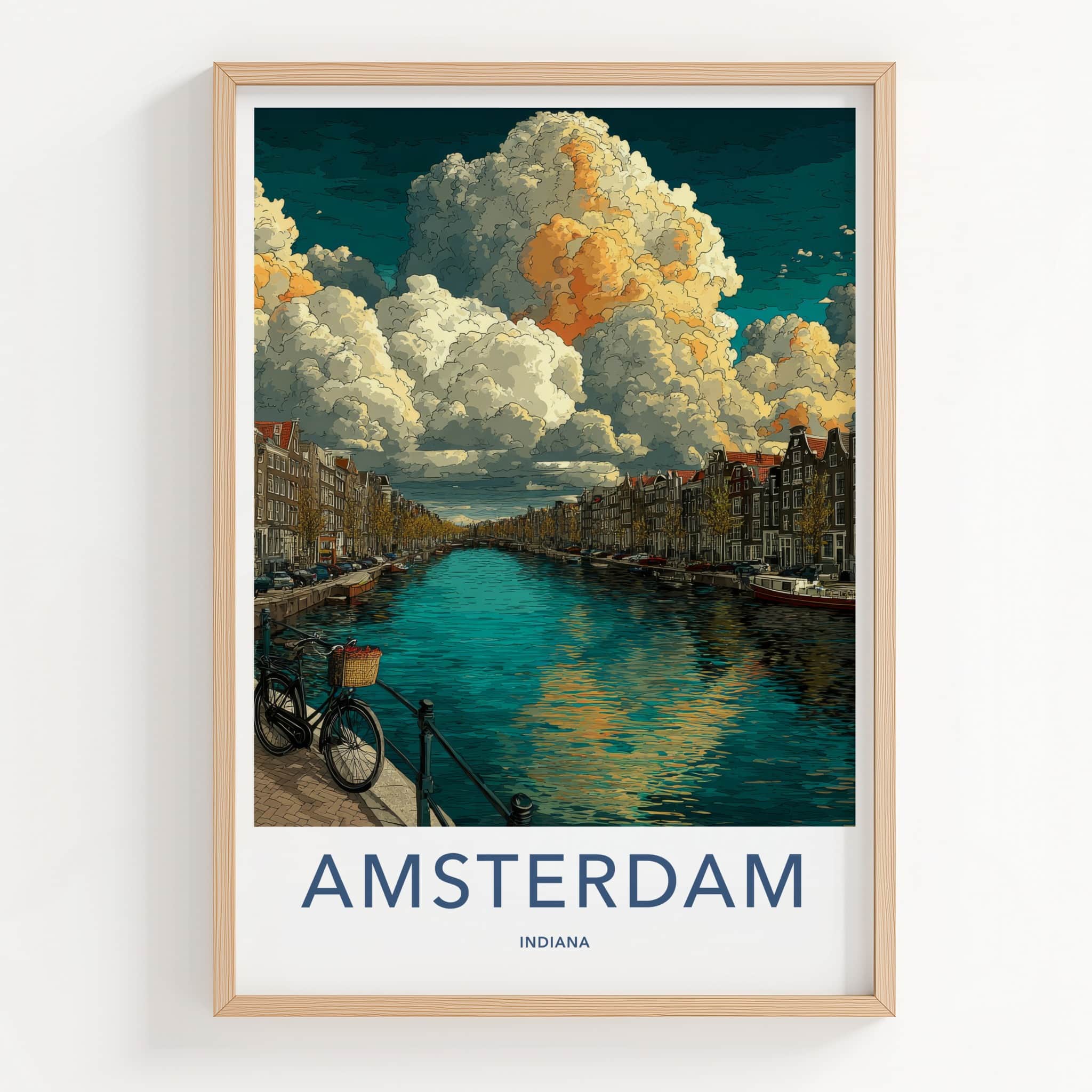 Amsterdam Poster - Indiana Travel Art - Dramatic Clouds Canal Wall Decor