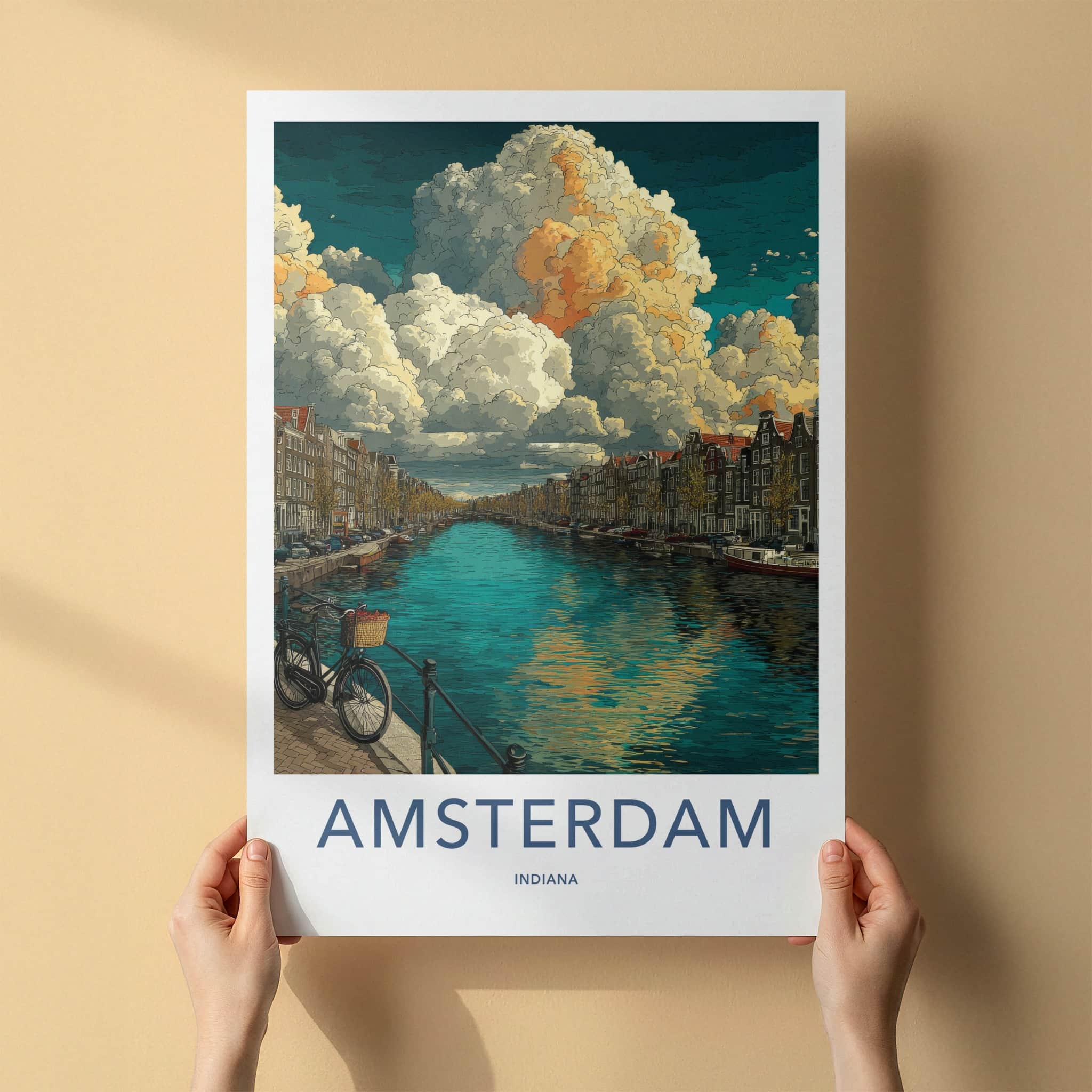Amsterdam Poster - Indiana Travel Art - Dramatic Clouds Canal Wall Decor